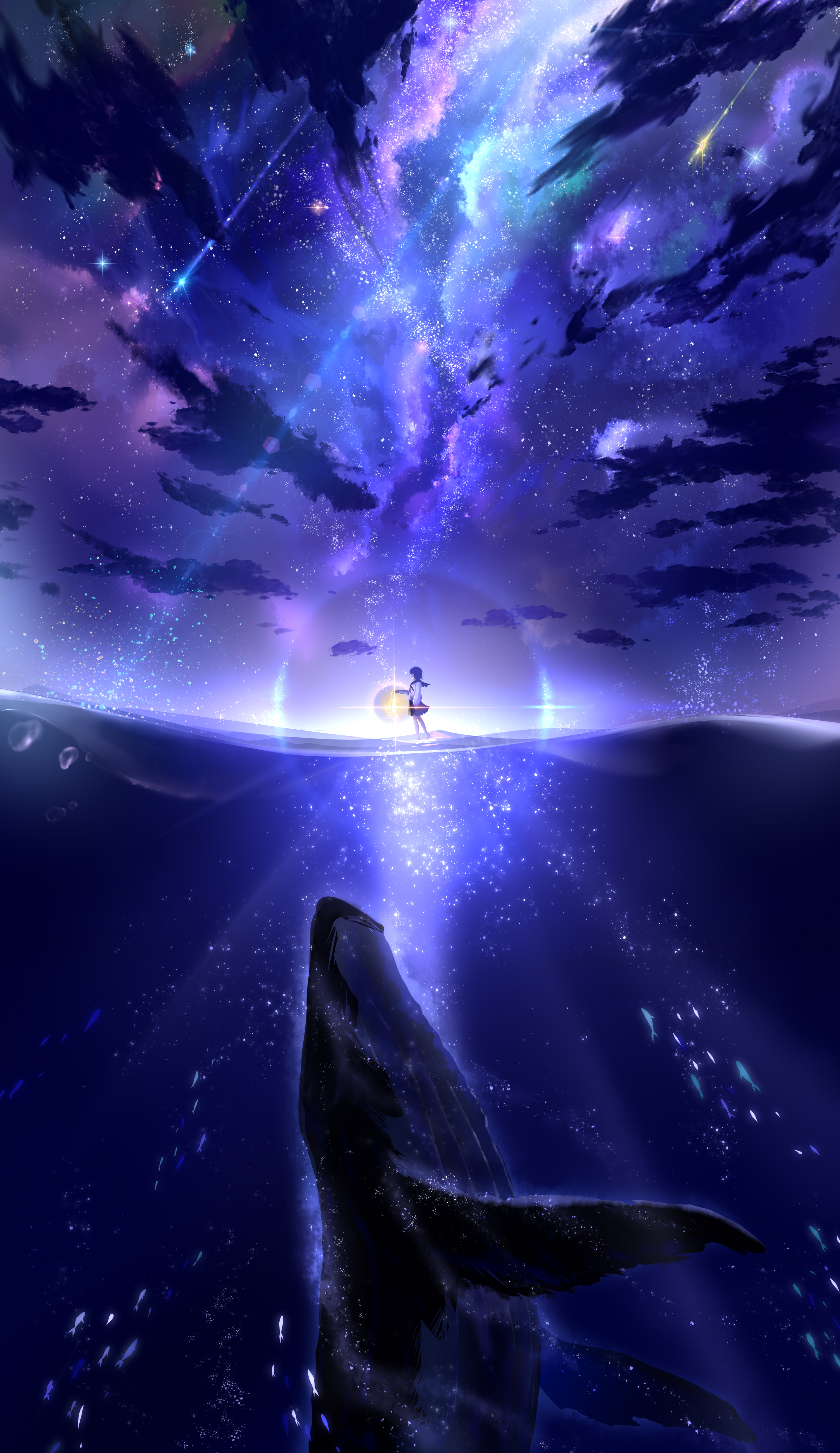 Anime 3071x5315 blue whale anime girls water animals clouds