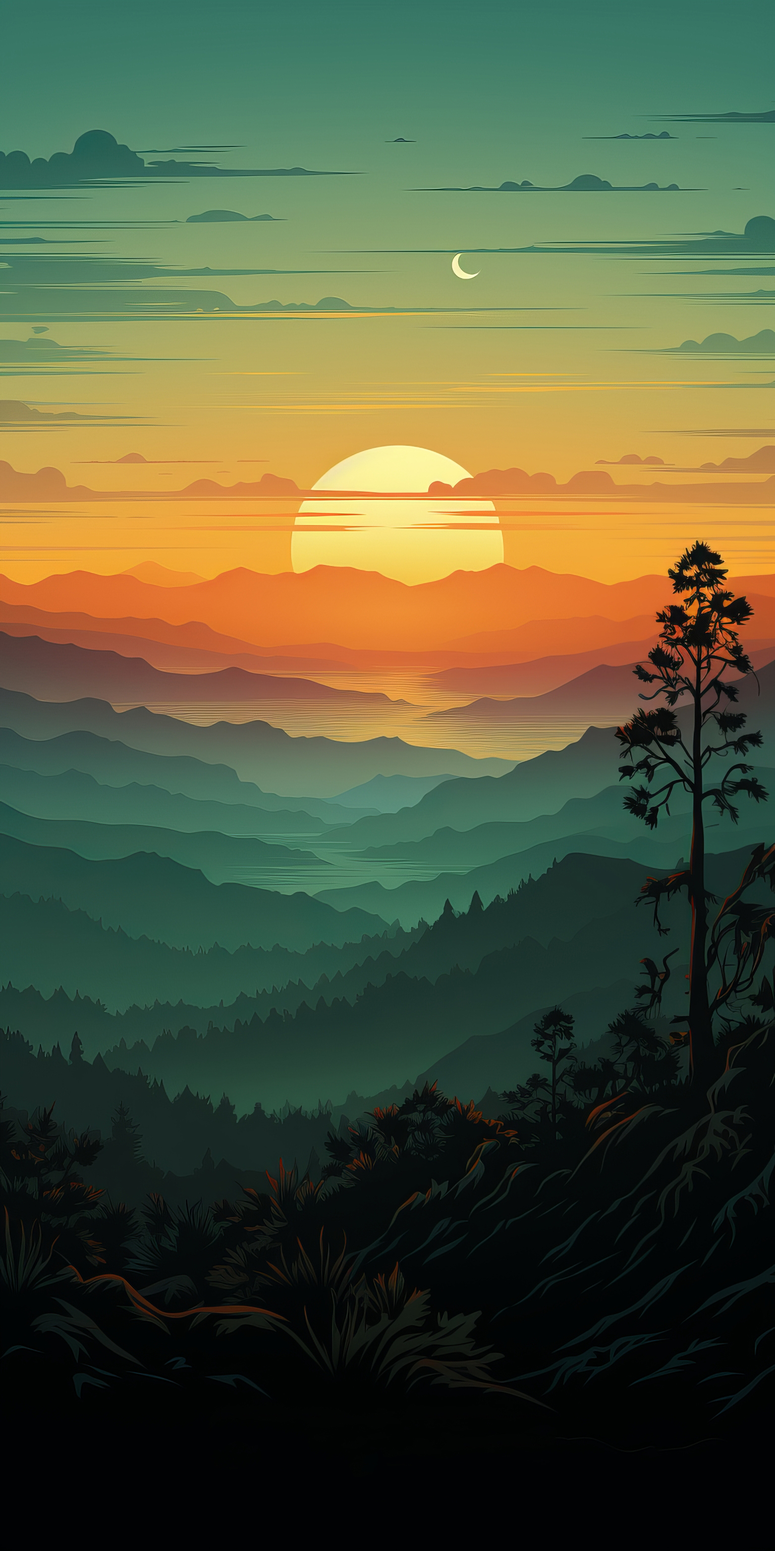 General 1536x3072 AI art portrait display landscape forest illustration vector digital art Sun mountains sky clouds