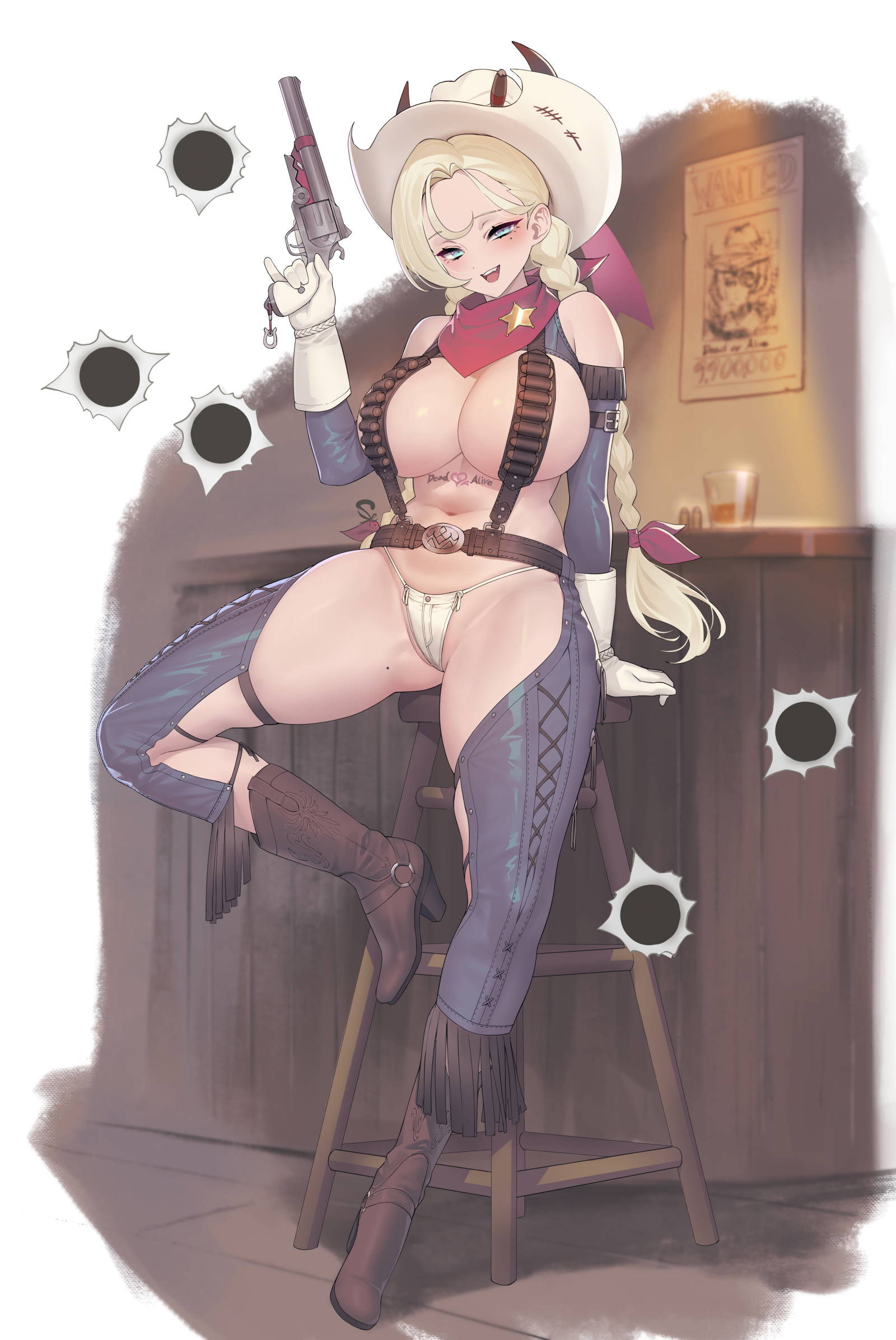 Anime 1600x2393 anime girls blonde Dead or Alive Tina Armstrong (Dead or Alive) portrait display big boobs gloves gun hat girls with guns chair looking at viewer scarf moles mole under eye braids twintails Wanted posters blue eyes bullet holes cowboy boots cowboy hats