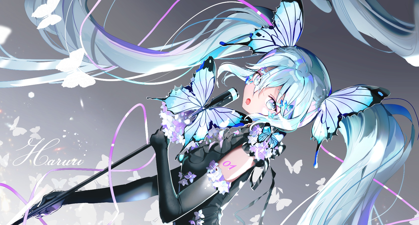 Anime 1684x906 anime anime girls Hatsune Miku Vocaloid twintails elbow gloves blue hair blue eyes microphone signature looking at viewer dress butterfly minimalism simple background long hair