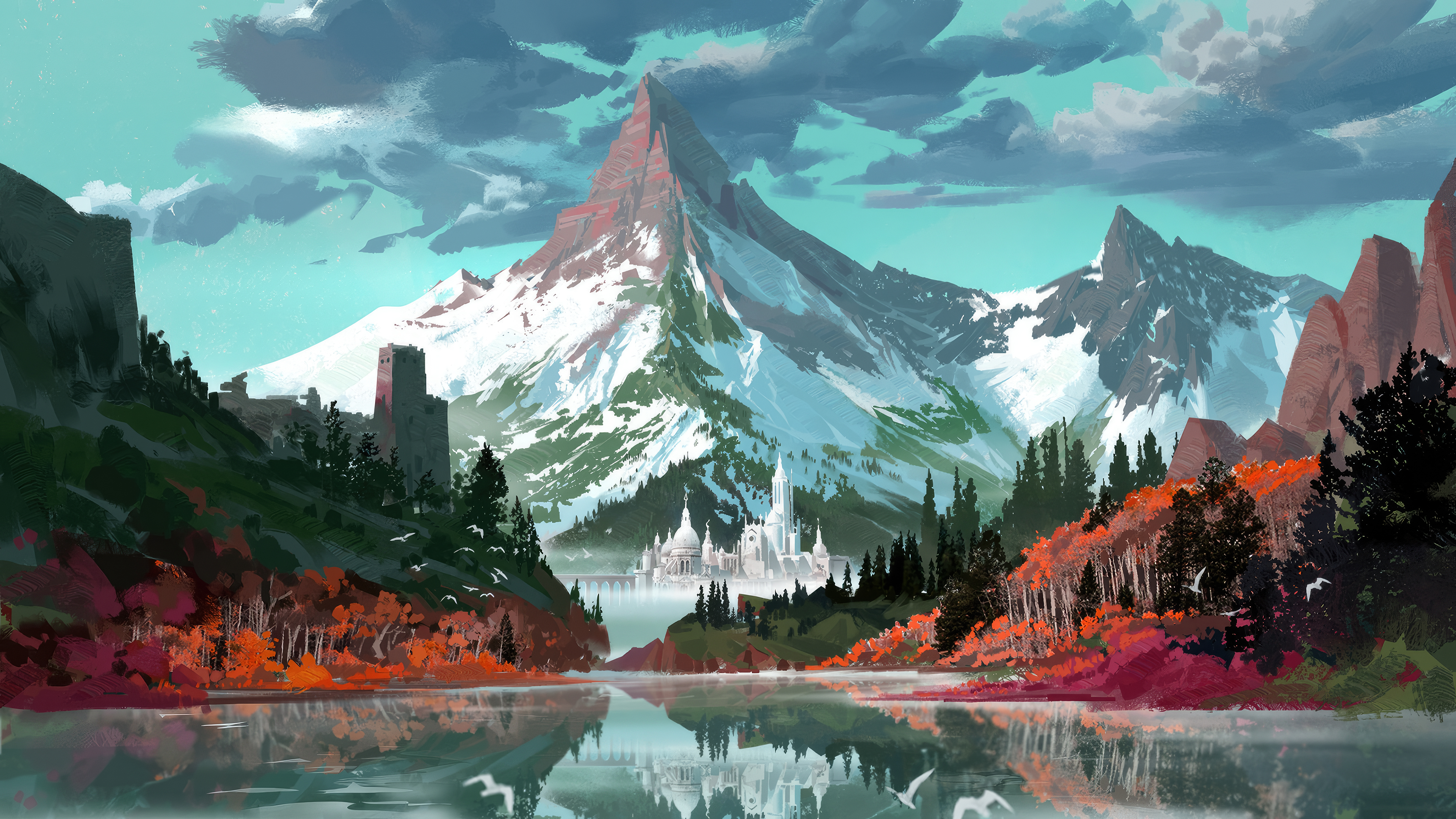 General 3840x2160 digital painting digital art mountains lake forest clouds fall castle ruins reflection water sky snow trees nature