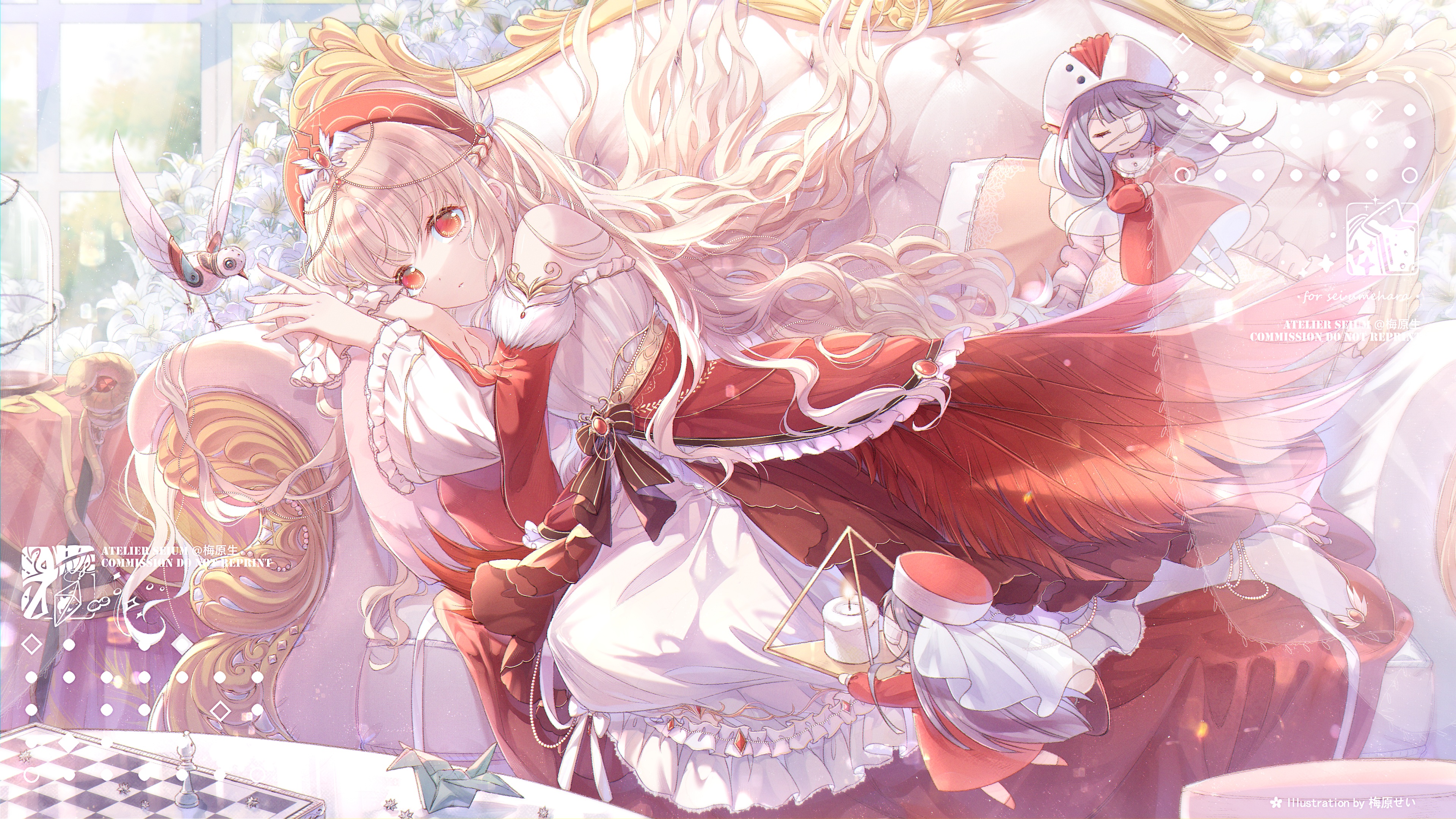Anime 3840x2160 anime anime girls dress long hair lying down lying on side looking at viewer blonde red eyes eyepatches watermarked signature closed eyes chess paper cranes braids hat flowers candles bow tie