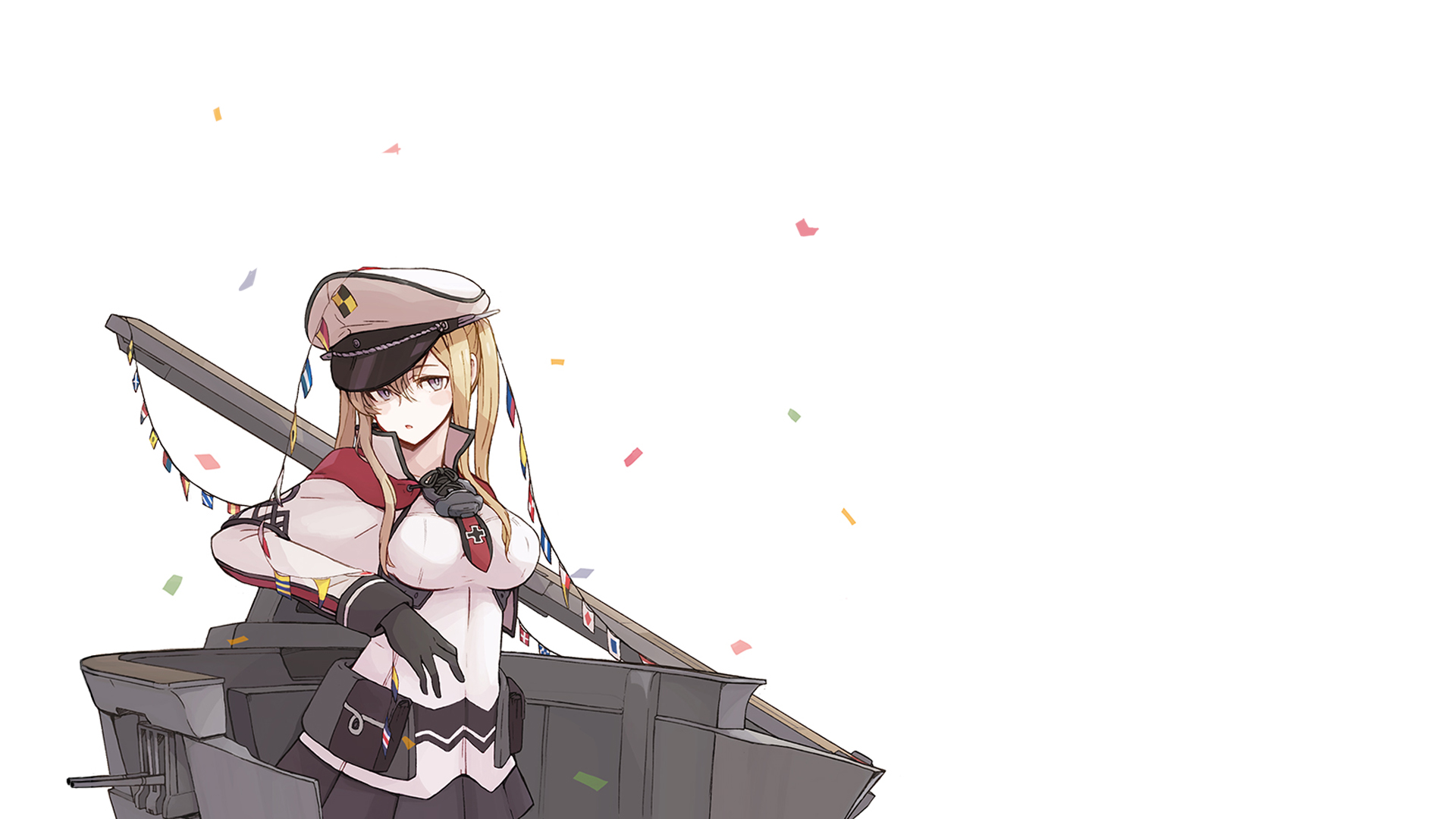 Anime 1920x1080 Kantai Collection Graf Zeppelin (KanColle) simple background hat white background confetti minimalism long hair gloves anime girls looking at viewer twintails flag uniform blonde blue eyes