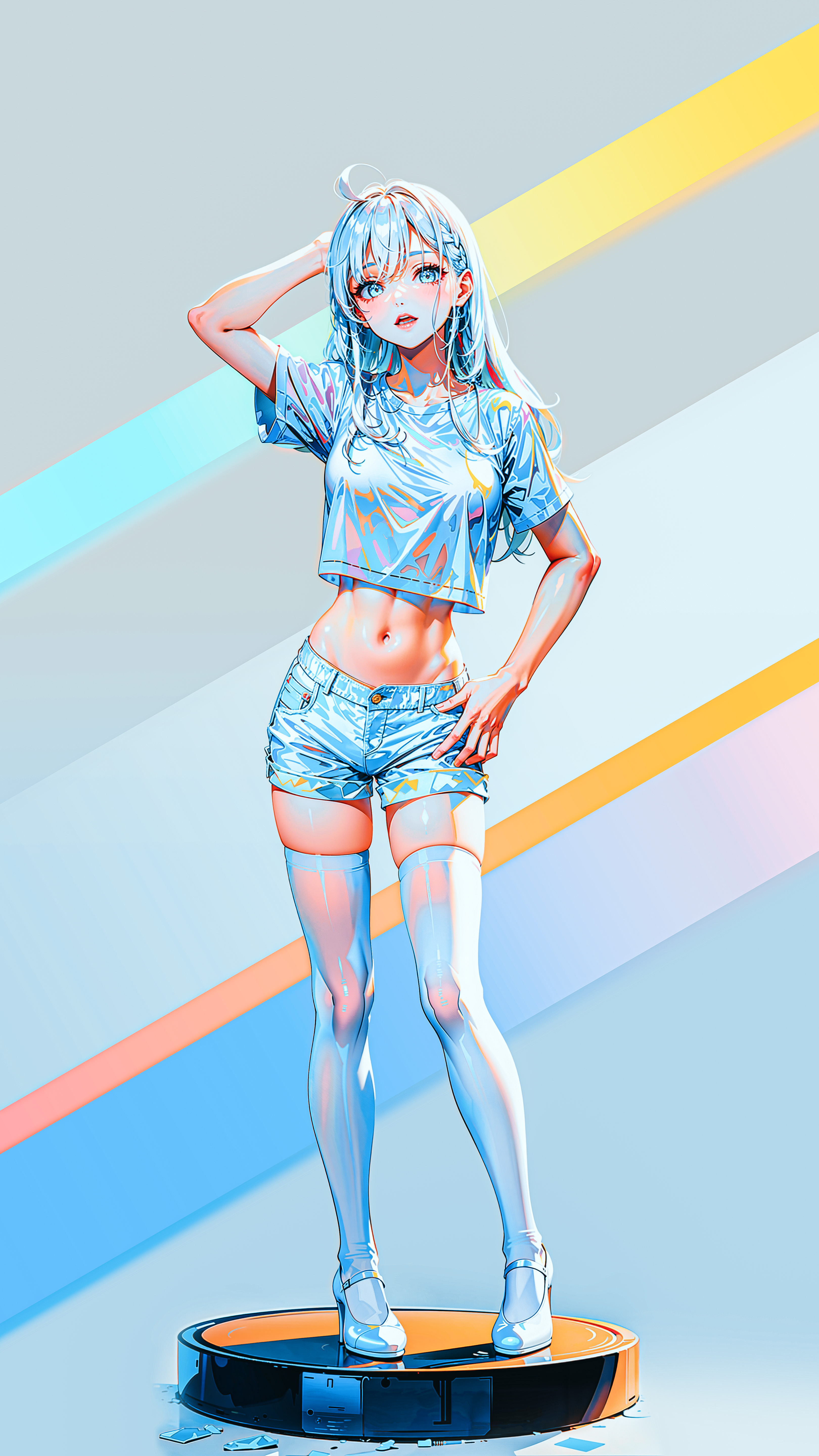 Anime 3240x5760 Stable Diffusion AI art colorful white white background laser shiny clothing shiny thigh-highs high heels Stand big boobs anime girls portrait display looking at viewer standing braids simple background minimalism