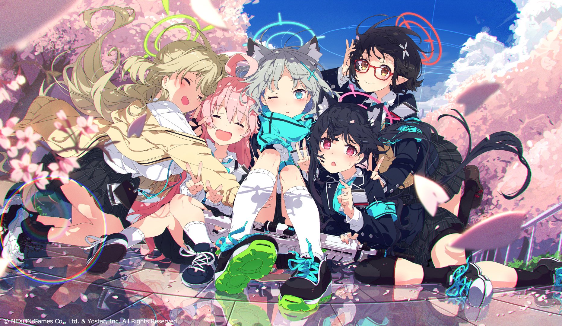 Anime 1863x1080 anime girls women group of women sneakers schoolgirl school uniform petals one eye closed skirt looking at viewer jacket animal ears closed eyes lens flare wolf ears sitting outdoors reflection smiling cat ears blushing railing peace sign hugging ahoge hair ornament hand gesture long hair cherry blossom flowers pink flowers open mouth trees clouds sky watermarked shoes Ayane (Blue Archive) Takanashi Hoshino (Blue Archive) Izayoi Nonomi (Blue Archive) Kuromi Serika (Blue Archive) Shiroko (Blue Archive) Blue Archive Ogipote