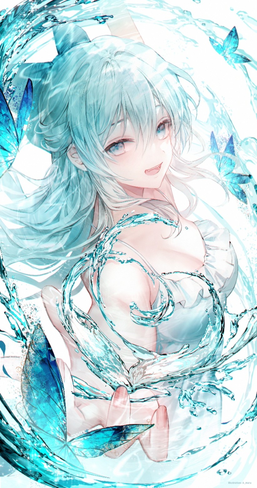 Anime 822x1556 Pixiv anime girls portrait display cleavage butterfly long hair looking at viewer water blue hair blue eyes open mouth insect signature
