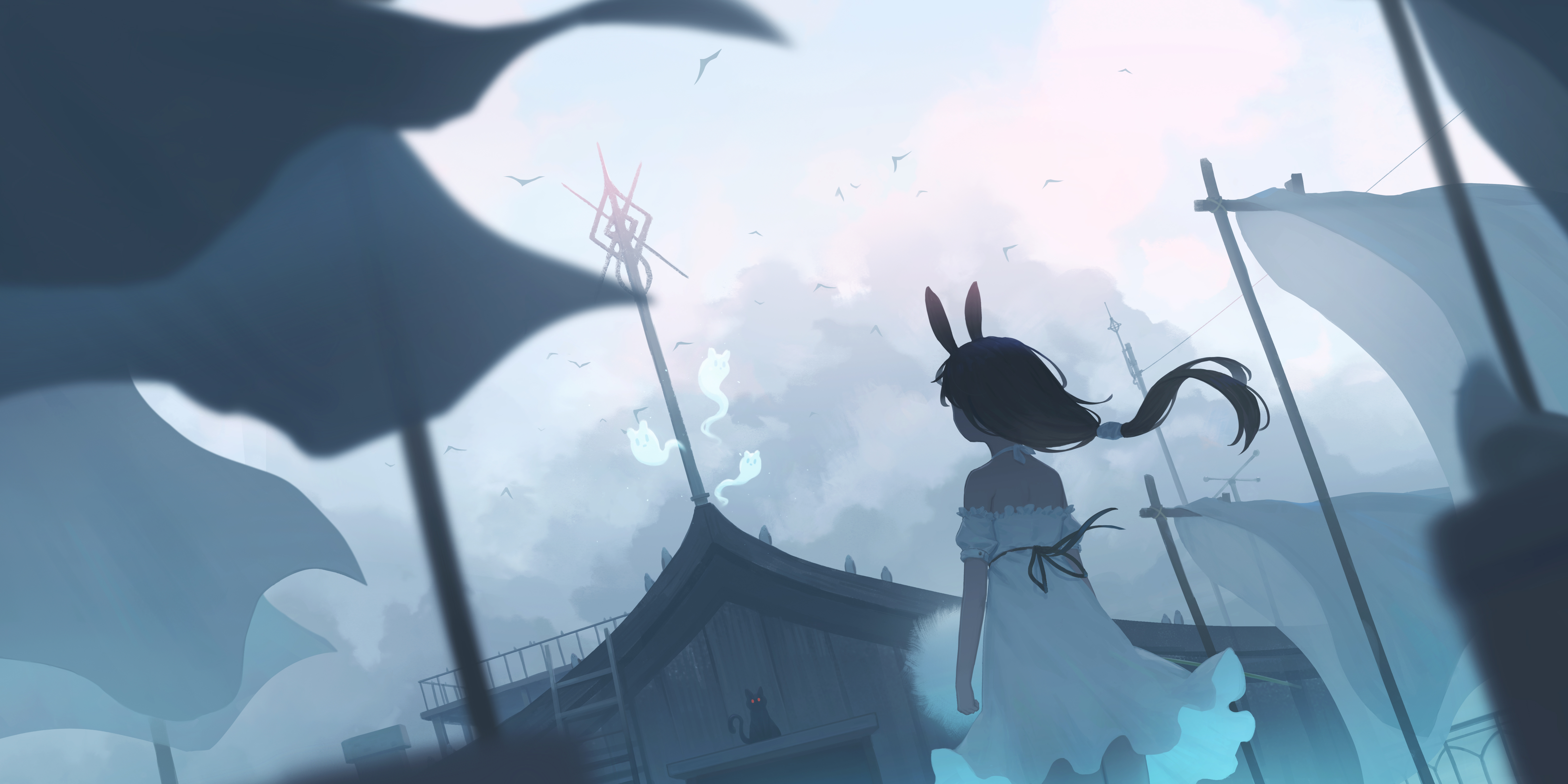 Anime 6000x3000 anime anime girls bunny girl bunny ears long hair standing looking into the distance sky clouds dress cats animals ghost