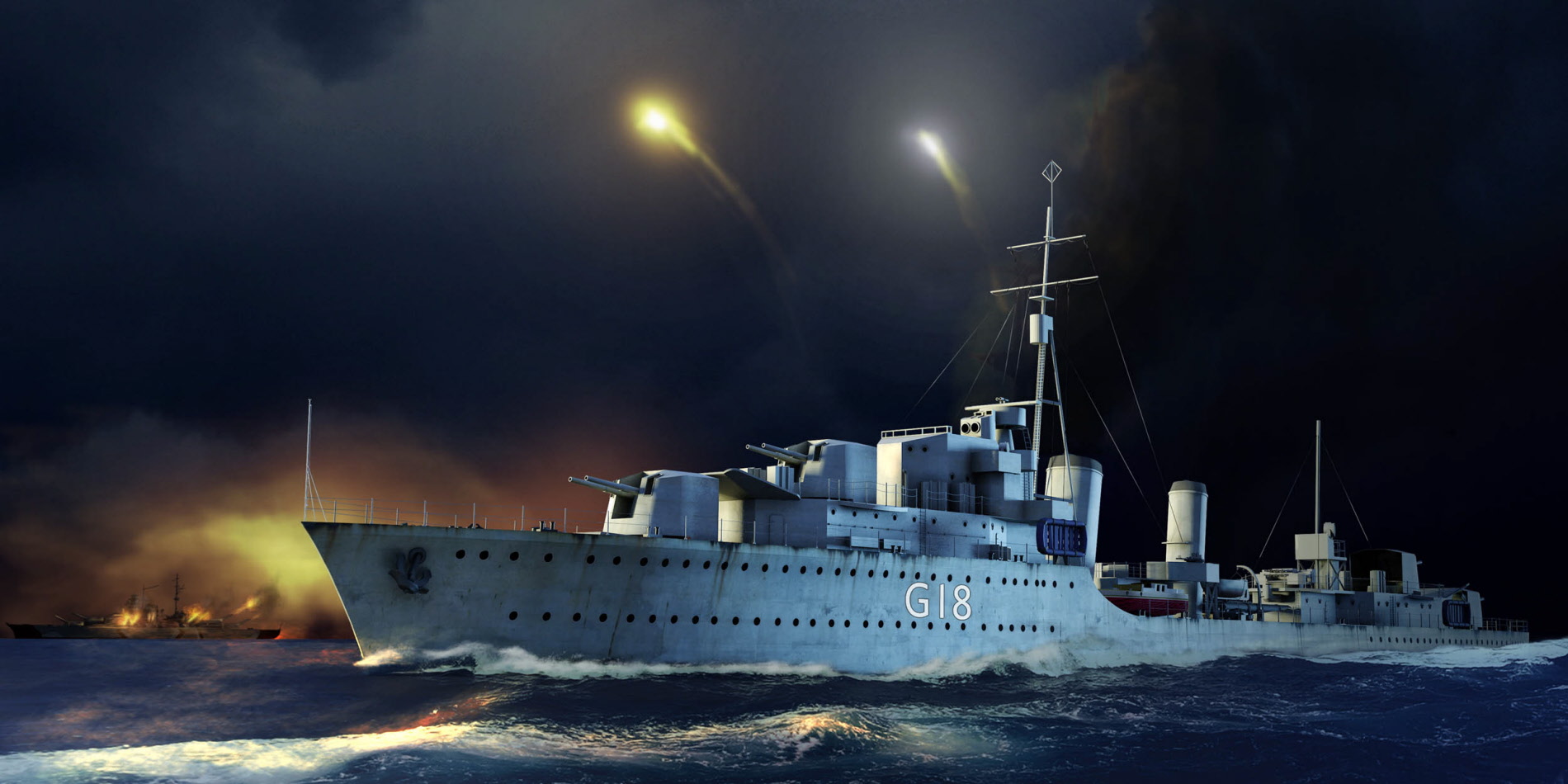General 1900x950 warship night sea rocket military army artwork military vehicle fire smoke waves water Destroyer