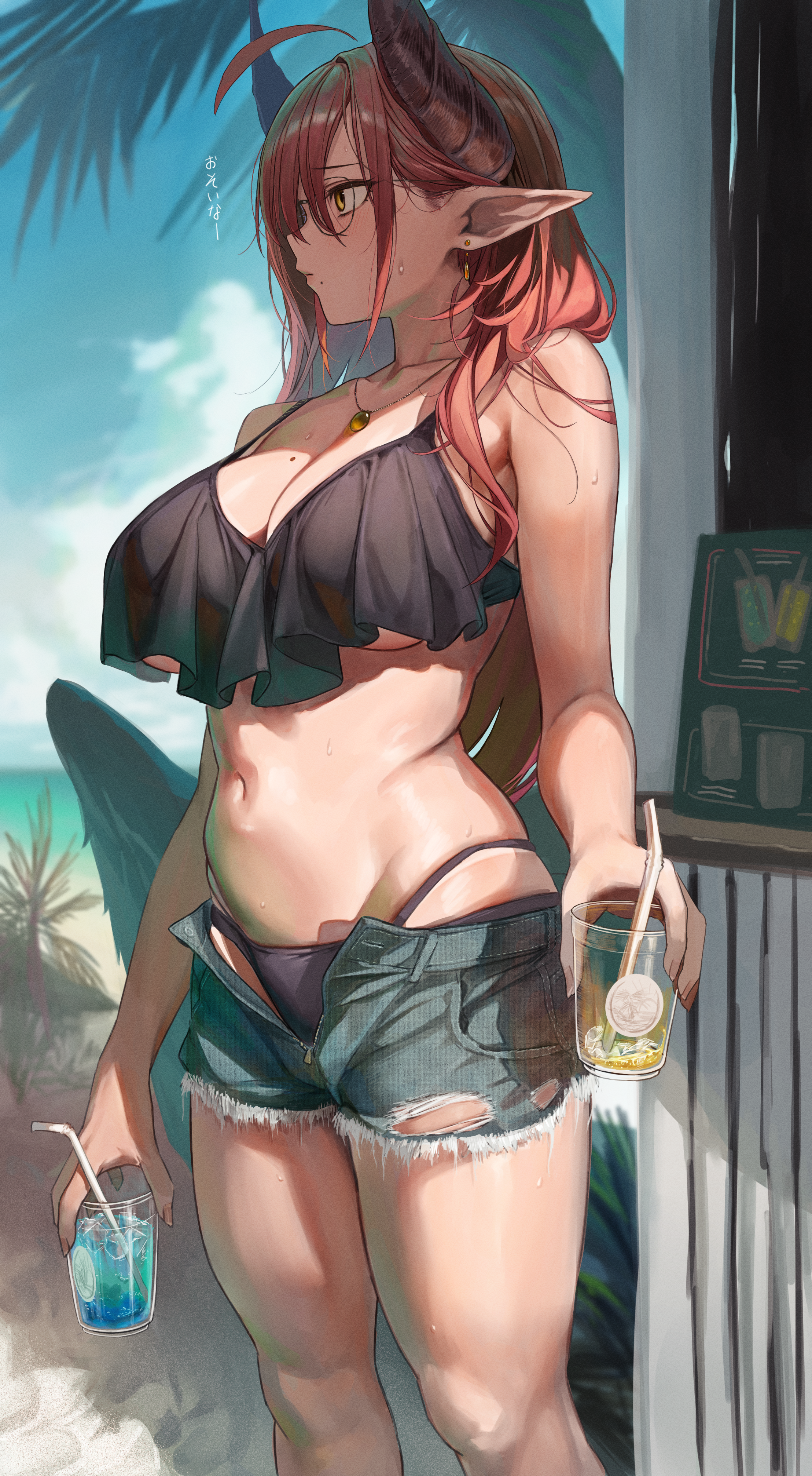 Anime 2215x4023 anime anime girls Marse original characters bikini shorts open shorts drink horns pointy ears redhead yellow eyes big boobs portrait display moles mole under mouth mole on breast necklace glasses looking away standing belly belly button sky clouds Japanese swimwear underboob torn clothes