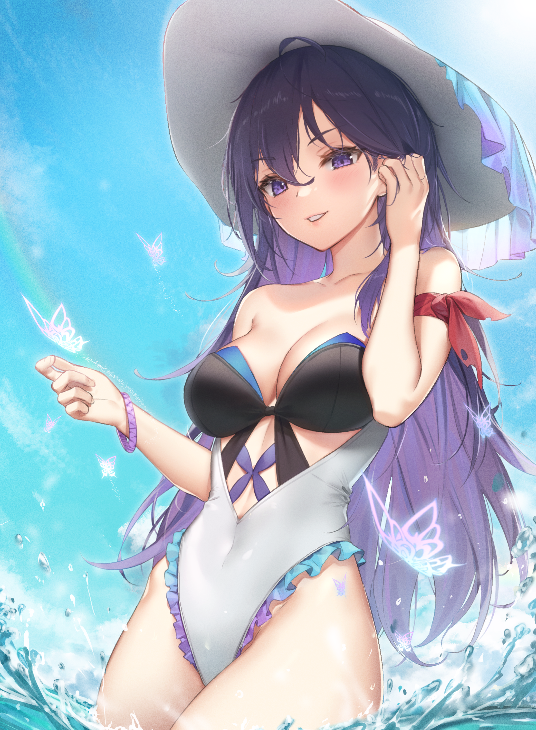 Anime 2200x3000 anime girls portrait display swimwear purple eyes water drops splashes open mouth smiling Honkai: Star Rail hat Seele (Honkai: Star Rail) bare shoulders thighs butterfly looking at viewer purple hair blushing big boobs cleavage red ribbon water standing in water bug white swimsuit sun hats long hair women outdoors clear sky frills Sun