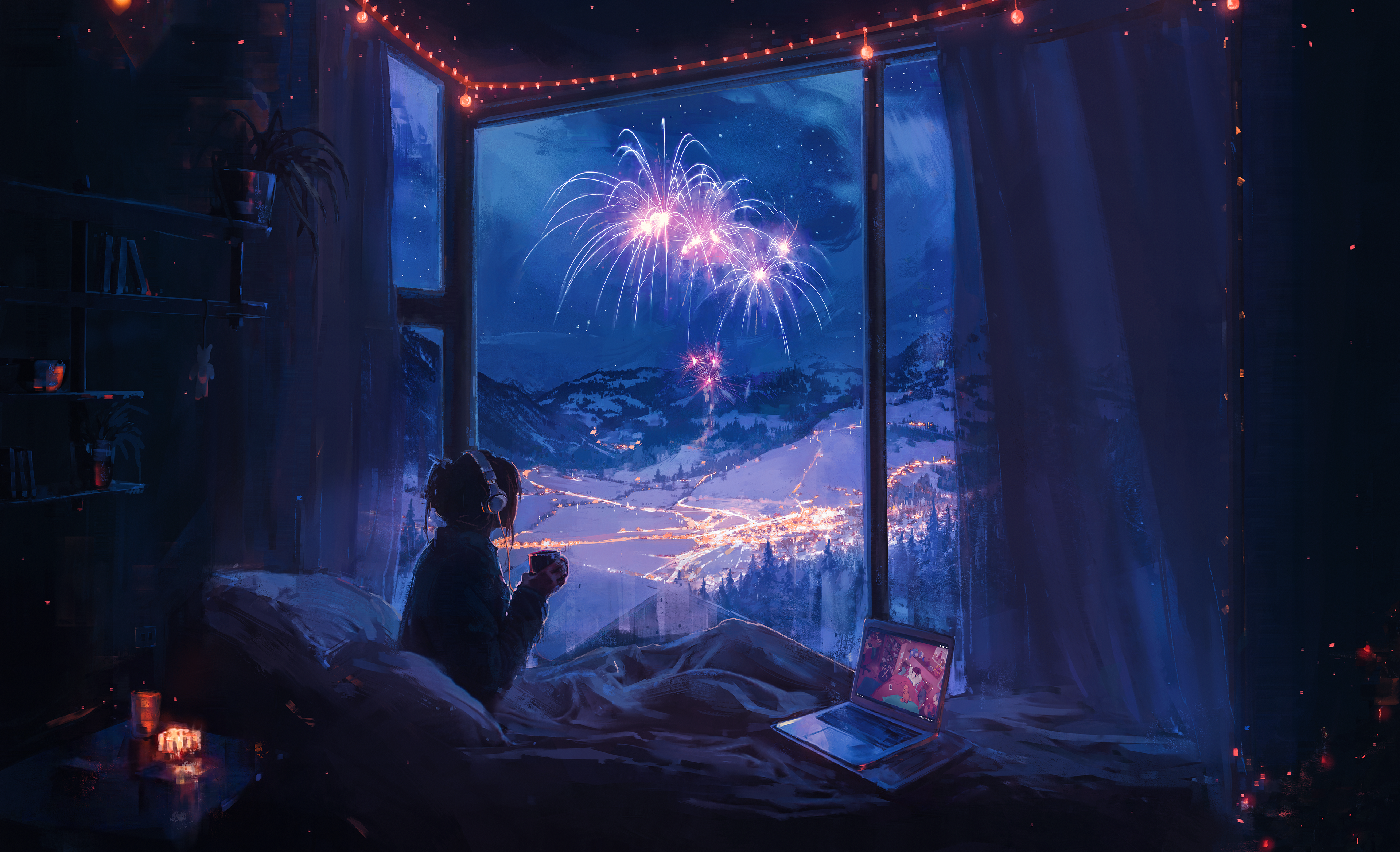 General 3840x2336 digital art artwork illustration painting room indoors window fireworks stars mountains laptop 4K sky clouds city lights headphones