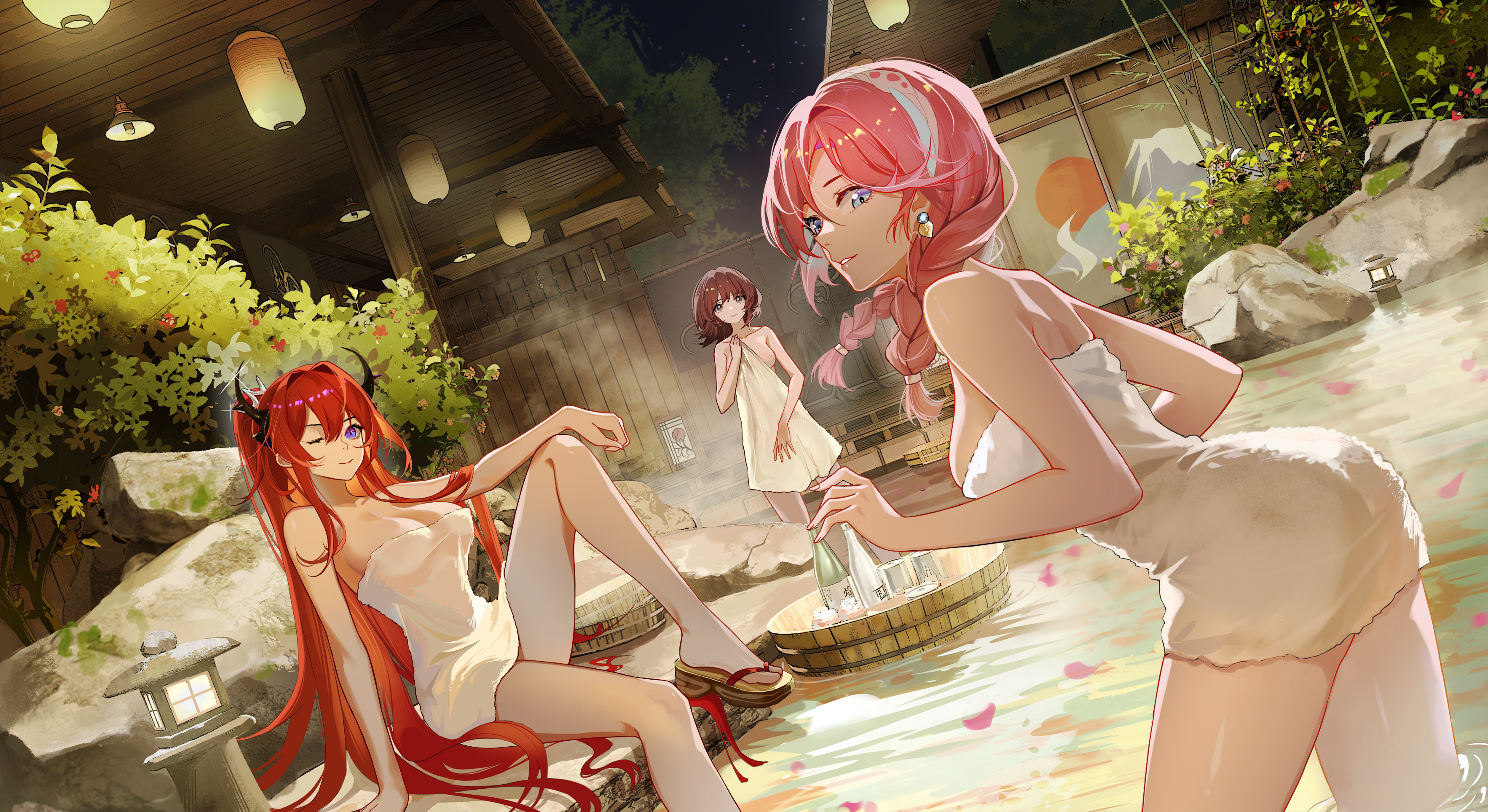 Anime 3531x1927 Arknights women trio anime games towel Surtr (Arknights) sitting Roberta(Arknights) water Blue Poison(Arknights) sky group of women long hair looking at viewer horns braids one eye closed cleavage sideboob bottles plants trees Tianzekongming starred sky wet women outdoors night looking sideways lantern Asian architecture sandals paper lantern smiling parted lips hot spring hairband white towel alcohol night sky outdoors thighs petals wink