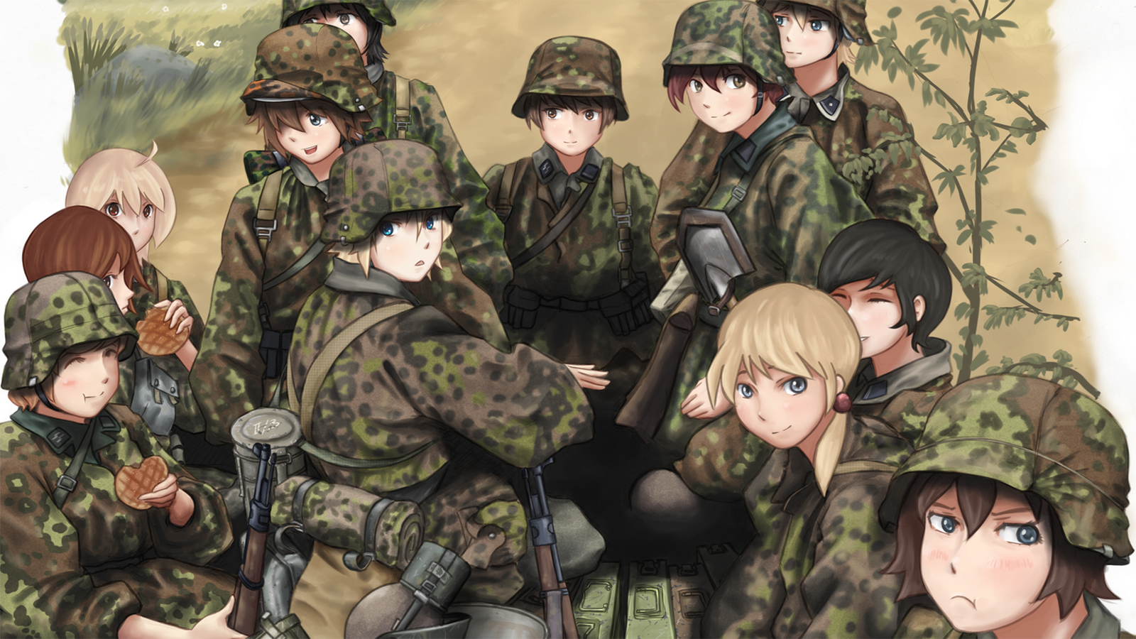 Anime 1600x900 Waffen-SS anime girls with guns World War II uniform anime girls helmet eating gun girls with guns