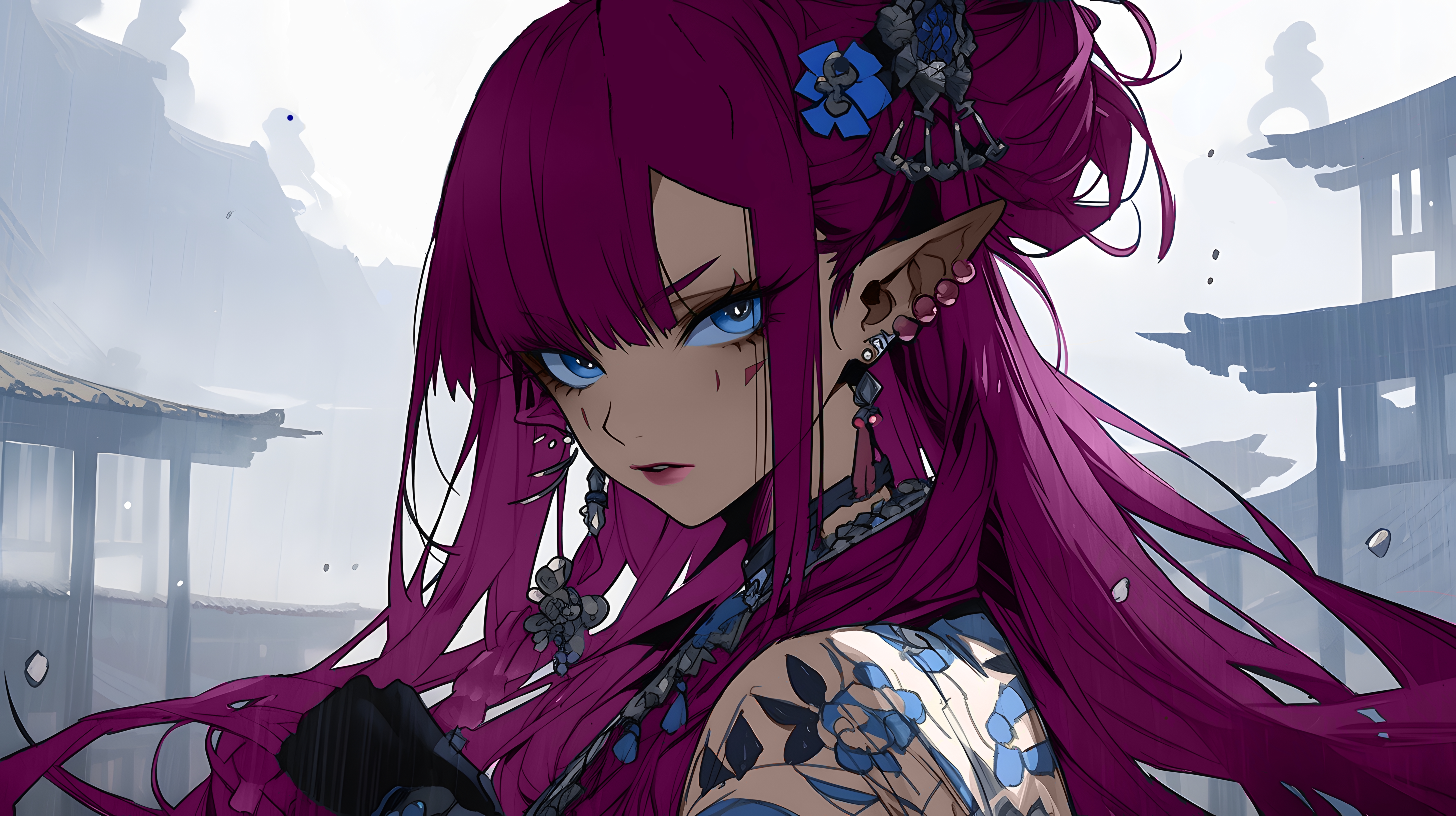 Anime 5824x3264 anime girls pink hair blue flowers blue hairpin blue eyes earring pointy ears long eyelashes tattoo looking at viewer long hair AI art