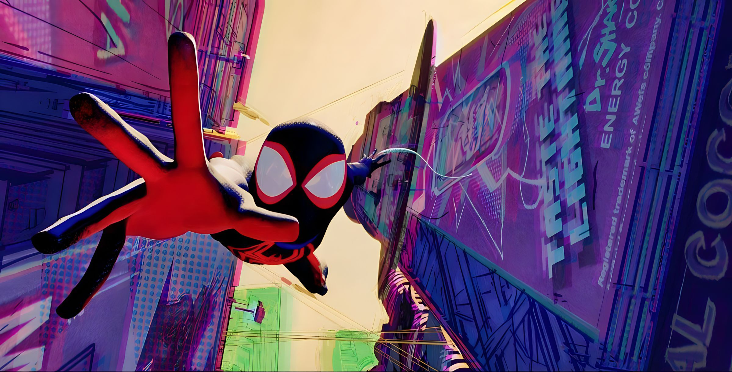 General 2400x1220 spider Spider-Man Spider-Man: Across the Spider-Verse Marvel Comics superhero bodysuit falling looking at viewer arms reaching low-angle worm's eye view digital art Girls Aloud Miles Morales