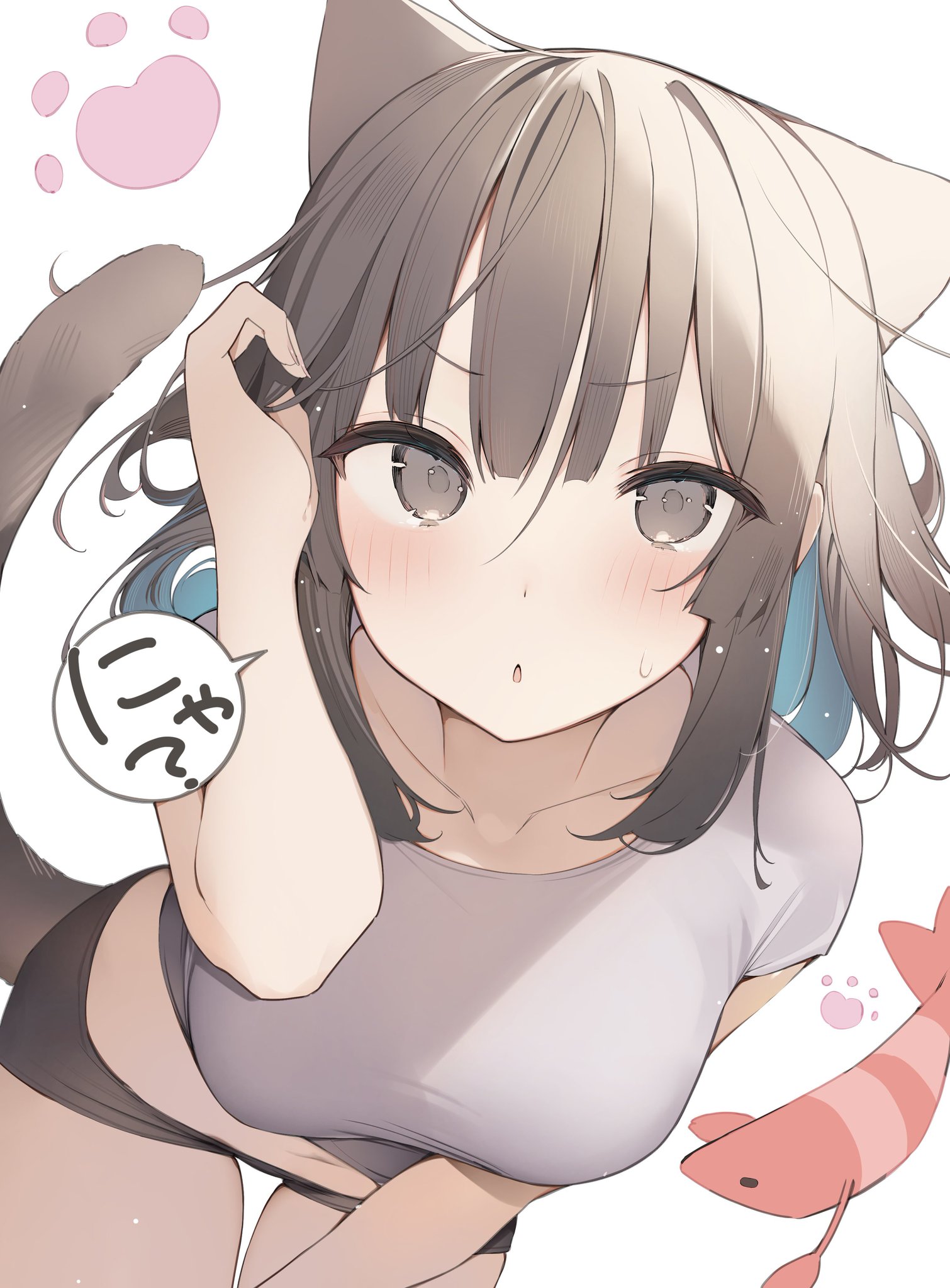 Anime 1510x2048 anime anime girls bent over cat girl cat ears cat tail blushing looking at viewer portrait display Japanese two tone hair