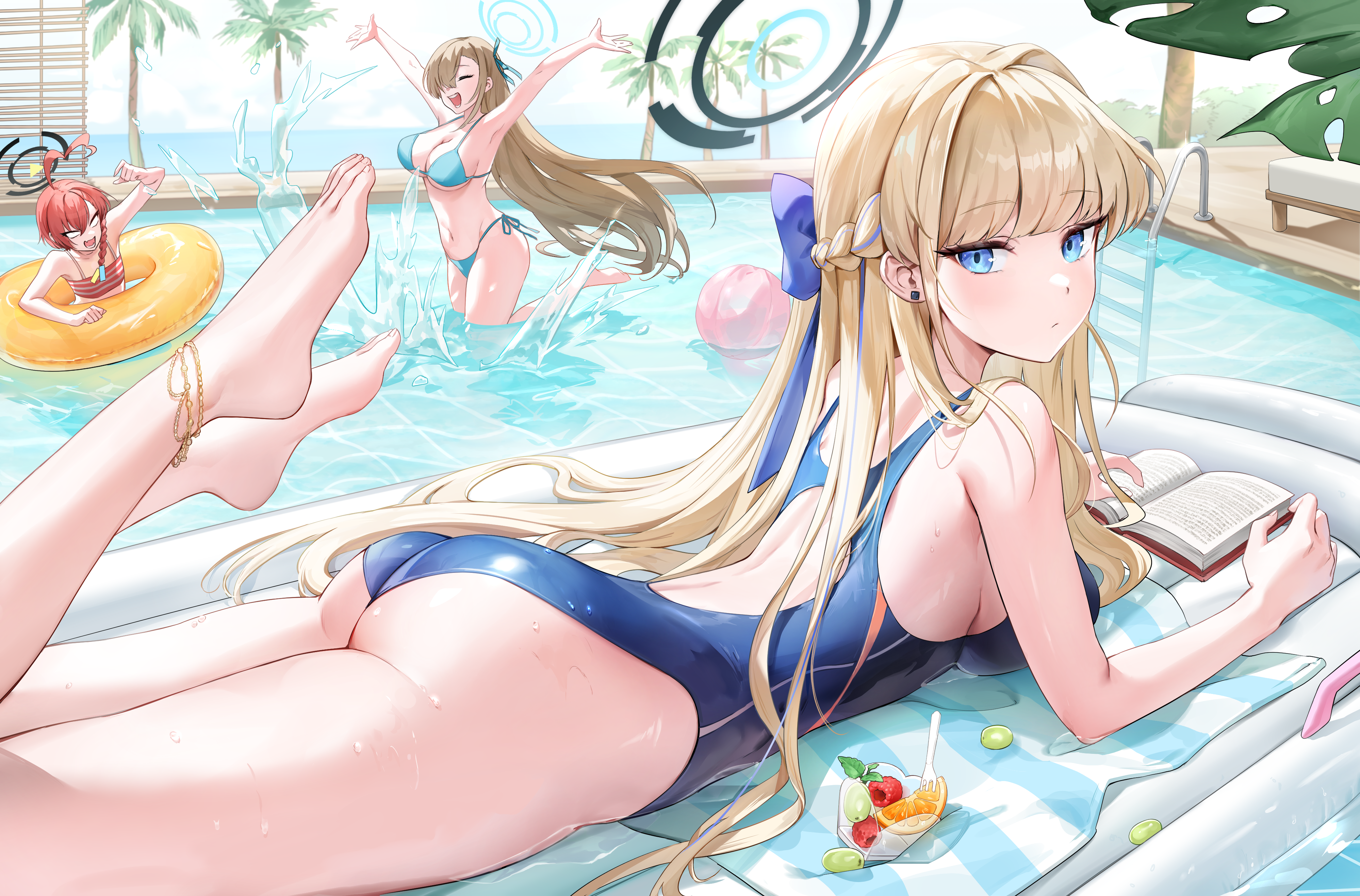 Anime 3997x2634 Blue Archive Asuma Toki (Blue Archive) Asuna Ichinose Mikamo Neru anime girls ass swimming pool lying down lying on front one-piece swimsuit books sideboob big boobs fruit water long hair braids blonde blue eyes closed eyes palm trees floater in water beach ball earring leaves looking at viewer wet wet body bright