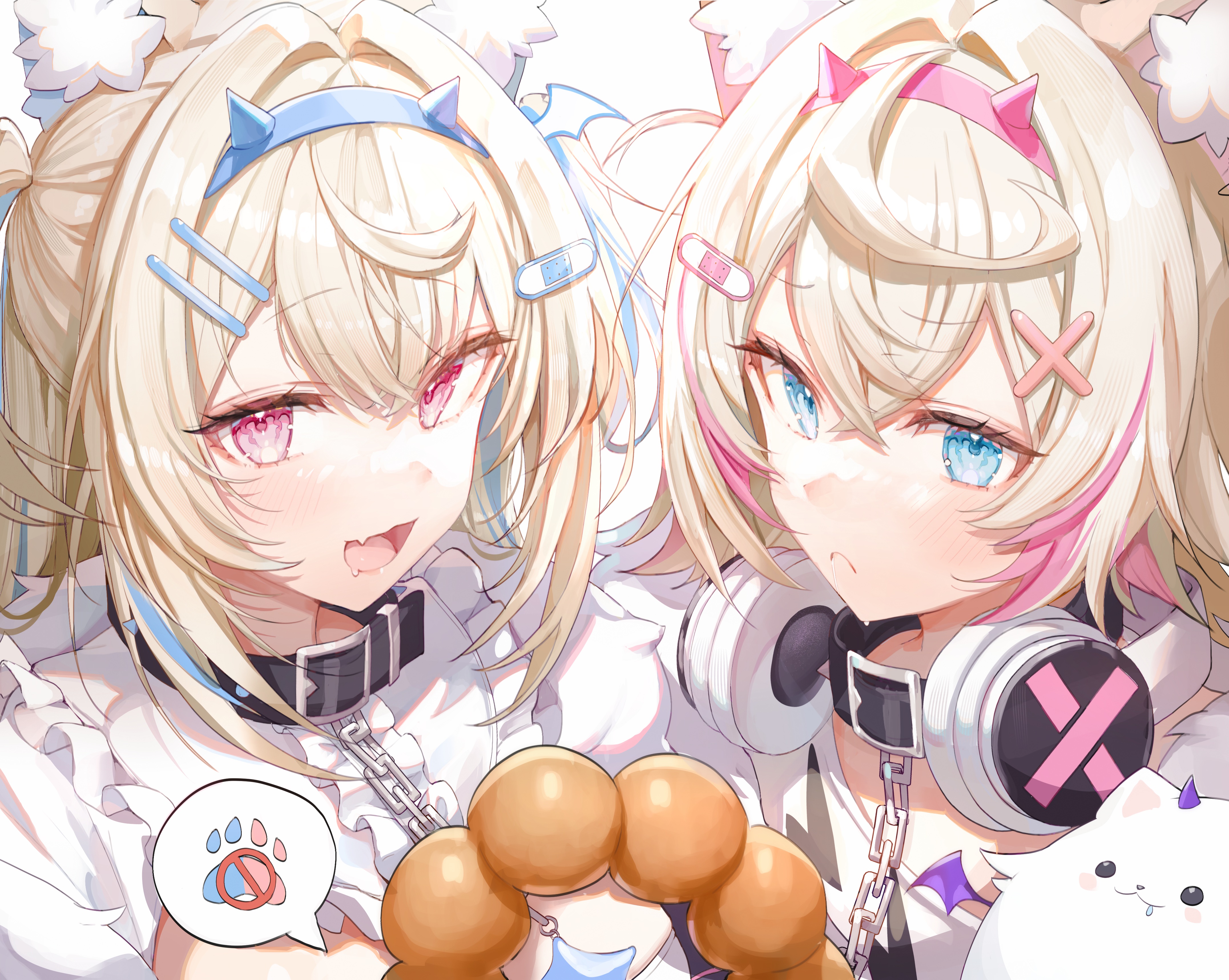 Anime 4306x3434 anime anime girls FUWAMOCO Hololive English Hololive Virtual Youtuber twins looking at viewer headlights two tone hair collar paws open mouth frown blushing short hair band-aid