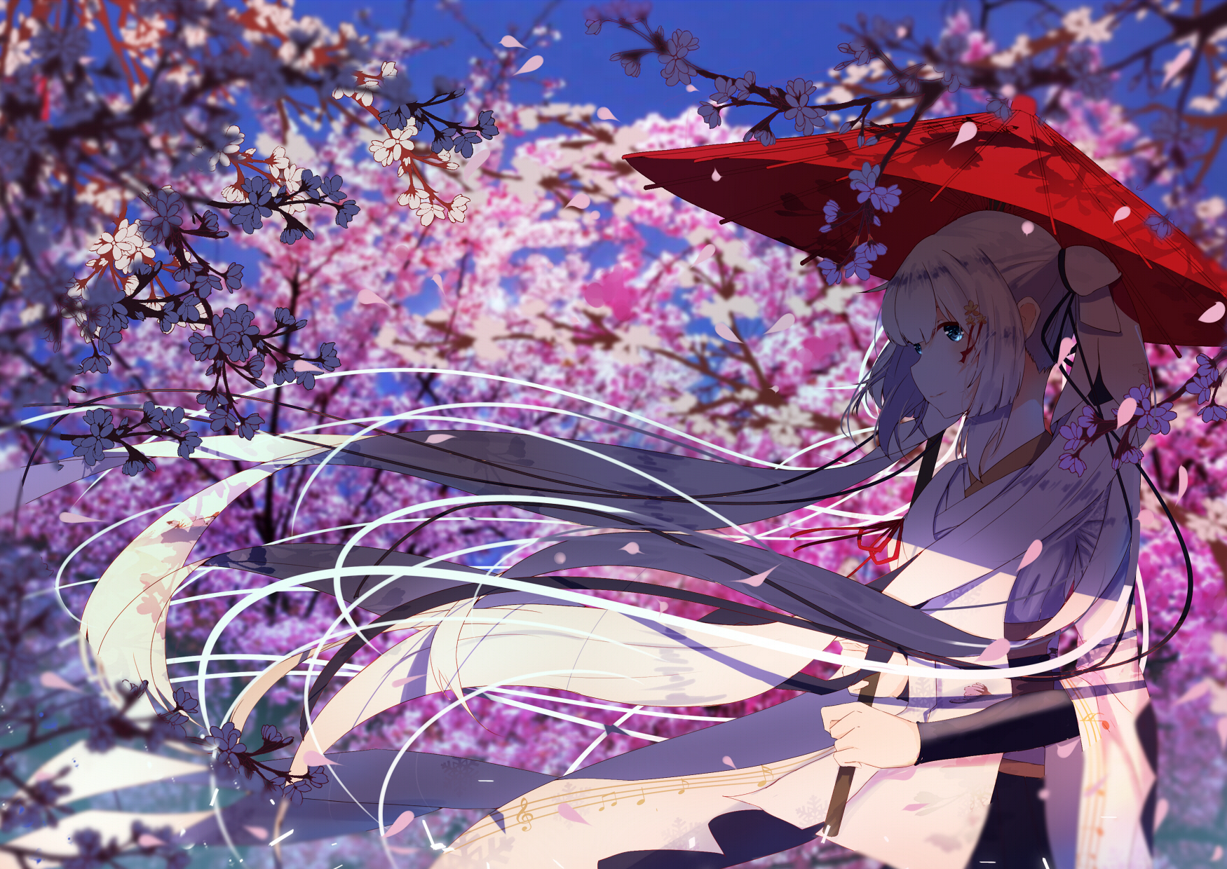 Anime 1750x1240 anime anime girls long hair umbrella branch flowers trees smiling blonde blue eyes hair blowing in the wind petals treble clef musical notes