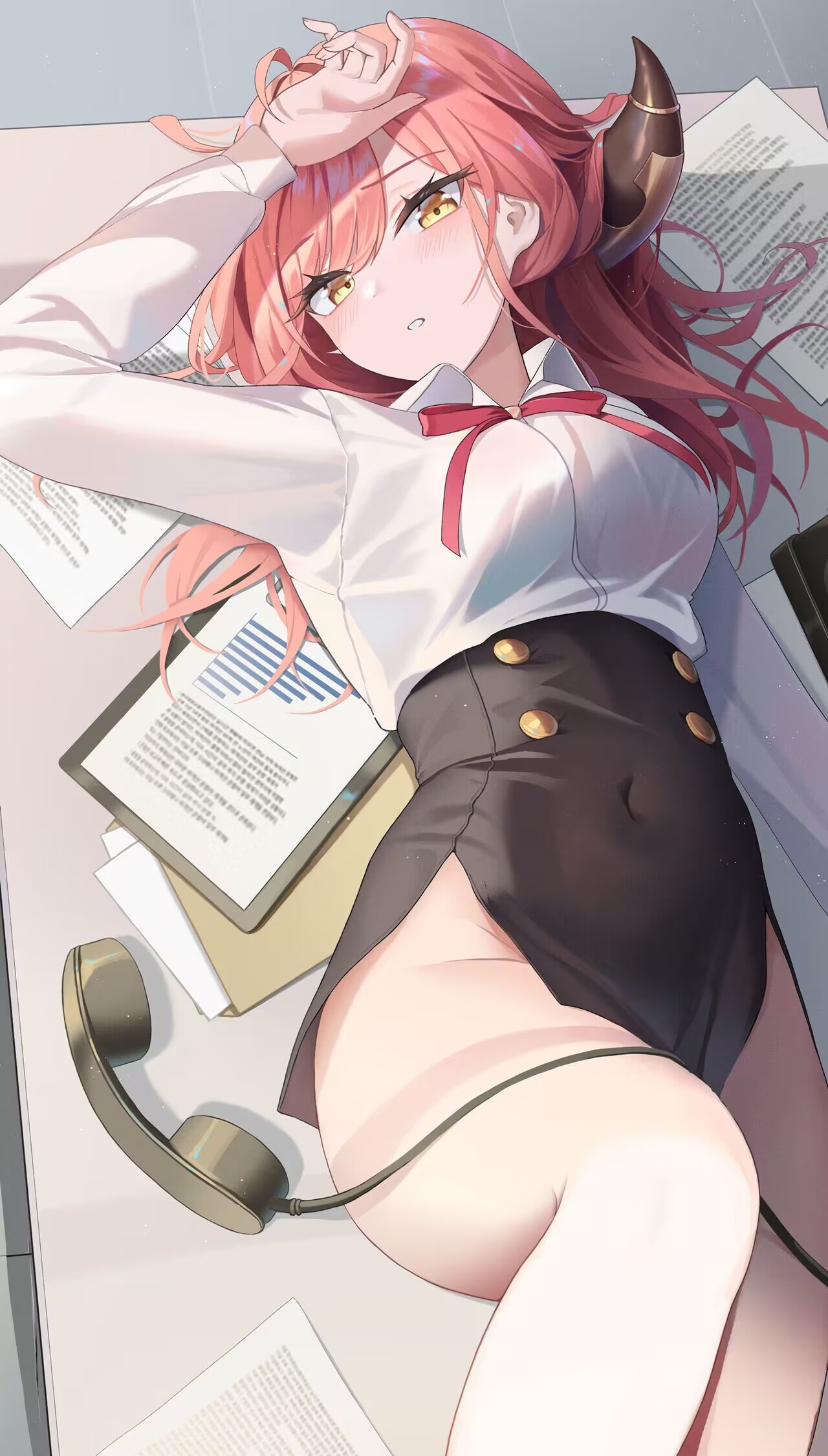 Anime 1280x2250 Blue Archive anime girls Aru Rikuhachima (Blue Archive) looking at viewer phone lying down lying on back redhead yellow eyes portrait display horns paper thighs blushing long hair sunlight