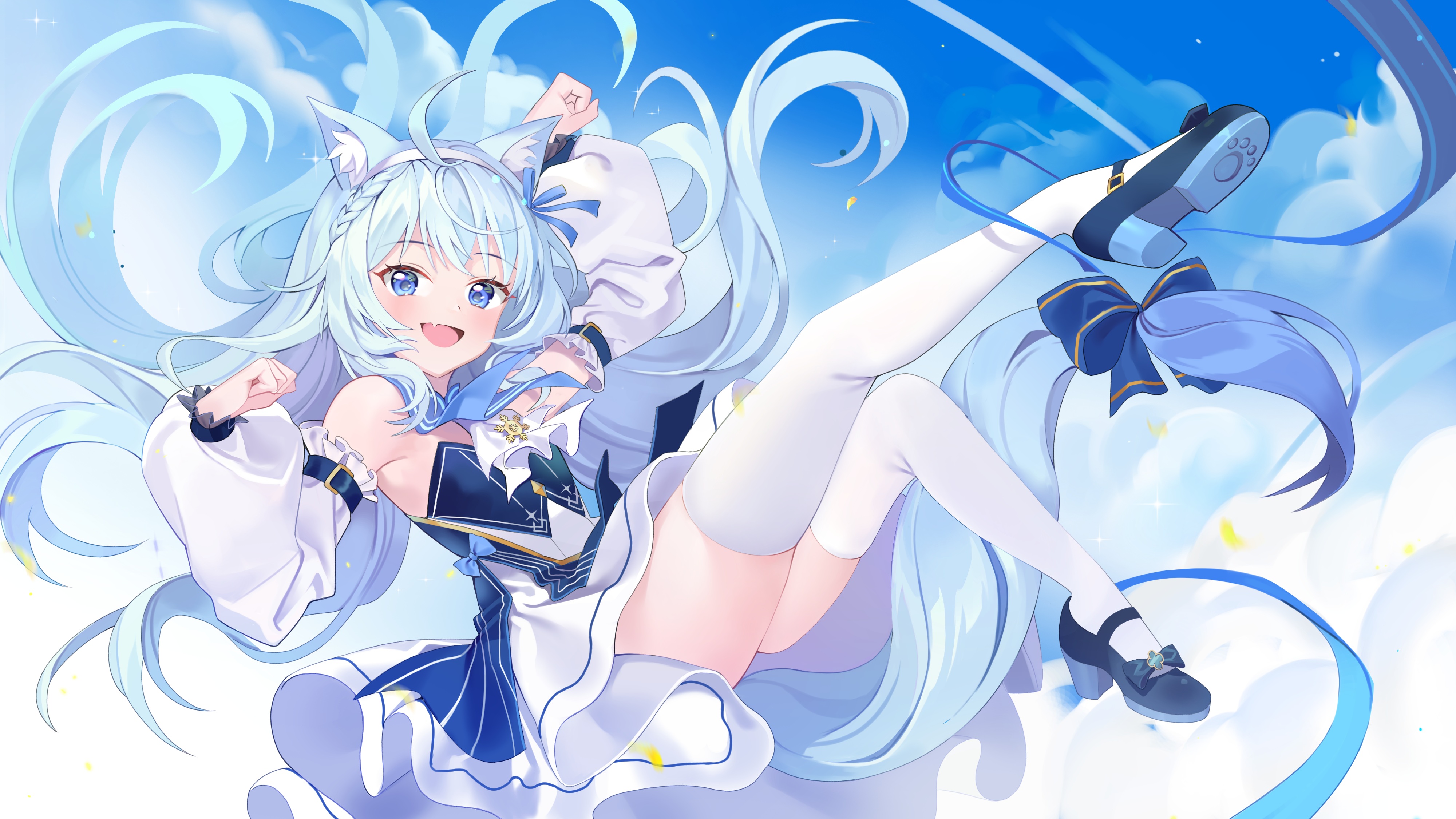 Anime 4000x2251 anime anime girls blue hair blue eyes stockings cat girl cat ears braids looking at viewer long hair bow tie clouds sky thighs smiling open mouth dress