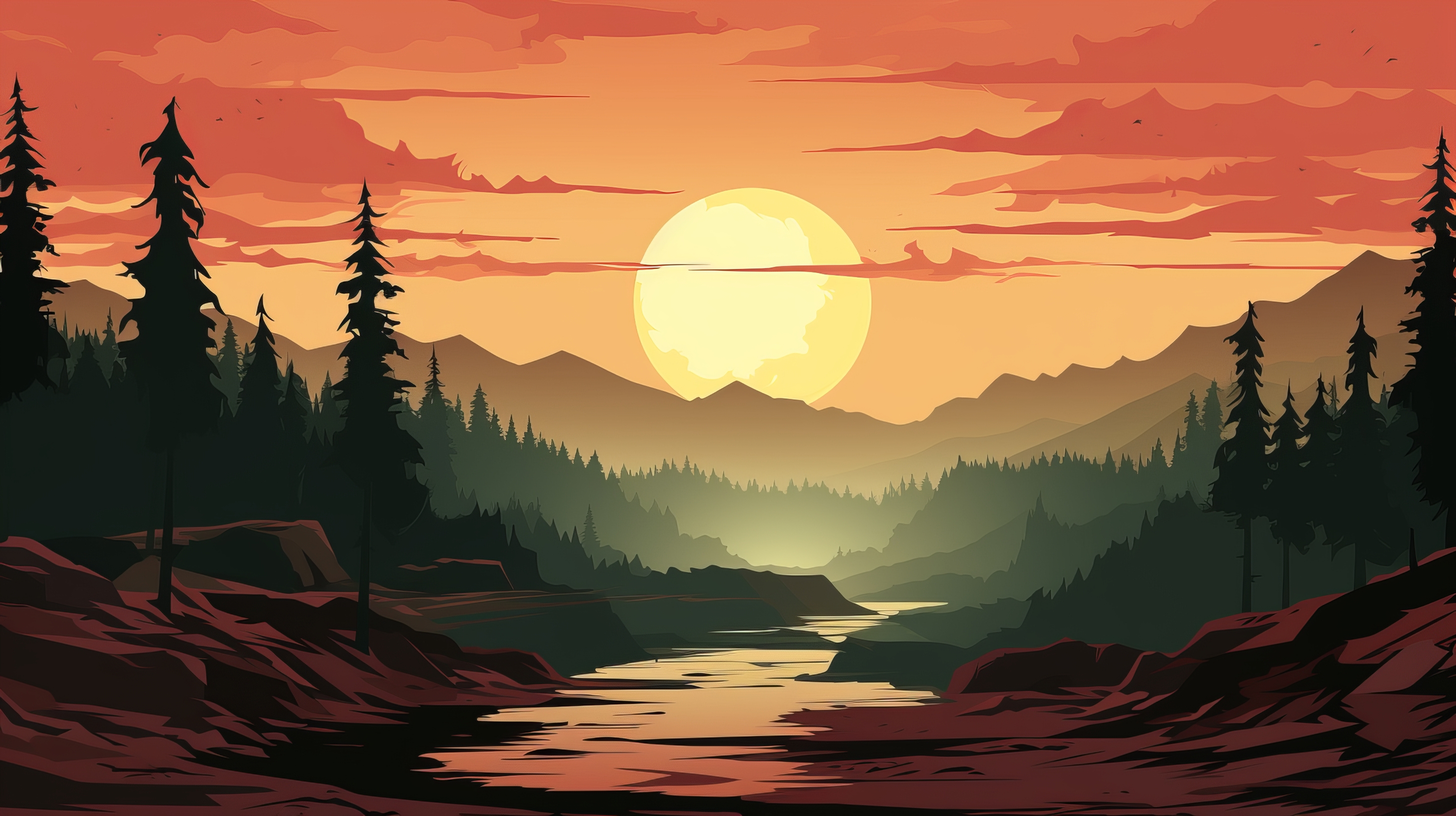 General 2912x1632 AI art Travel Poster vector landscape sunset mountains forest illustration digital art trees sky clouds water nature