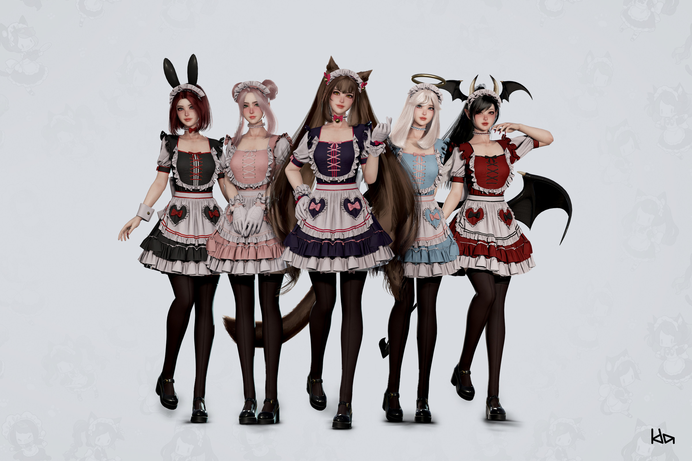 General 2400x1600 Ida Faber CGI group of women animal ears long hair white background standing looking at viewer maid maid outfit minimalism simple background gloves