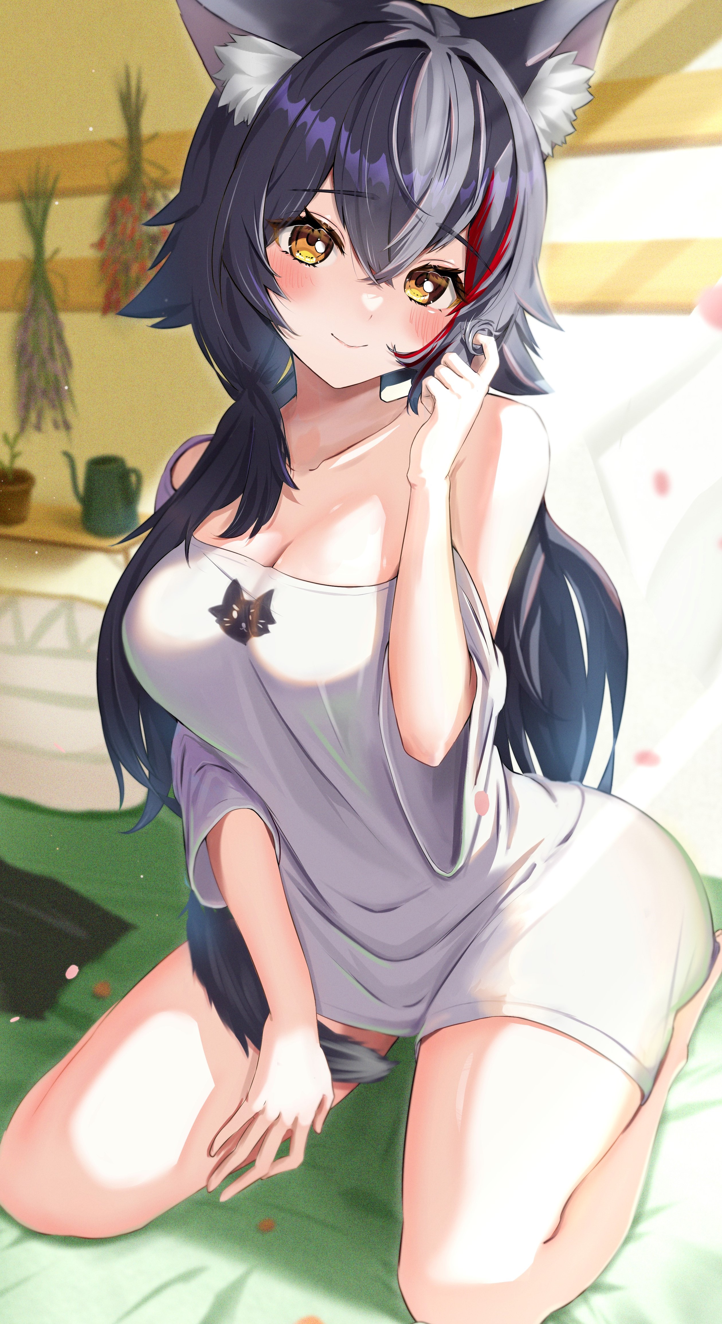 Anime 2520x4618 anime anime girls Virtual Youtuber Hololive Ookami Mio kneeling cleavage animal ears yellow eyes smiling blushing portrait display looking at viewer long hair wolf ears
