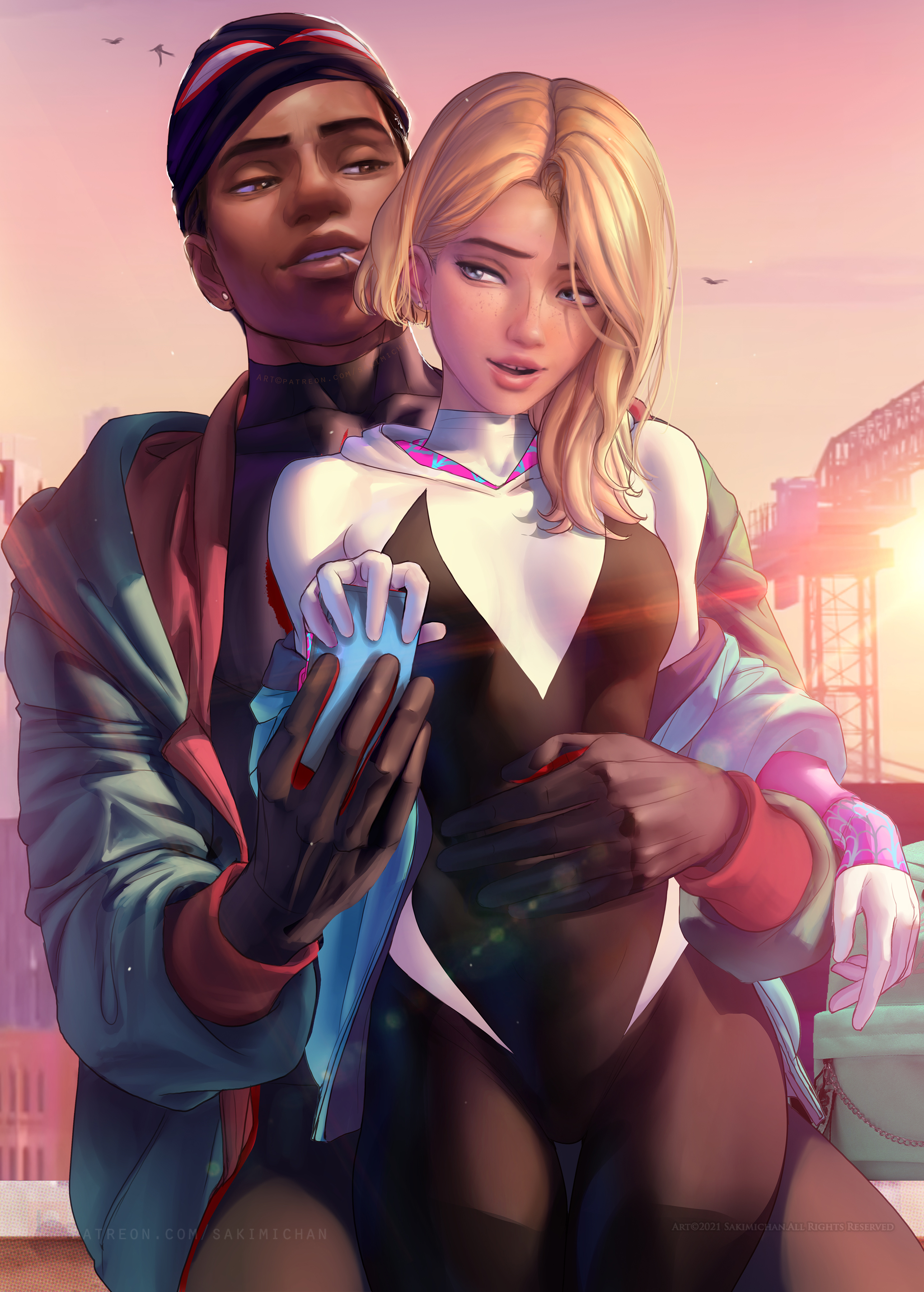 General 2575x3600 Gwen Stacy Miles Morales Spider-Man: Across the Spider-Verse fictional character blonde artwork drawing fan art Sakimichan portrait display phone watermarked bodysuit sunset sunset glow women Spider Gwen
