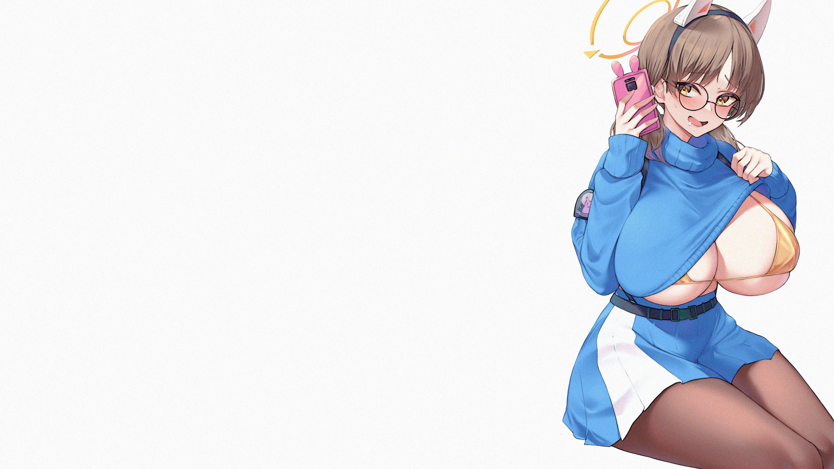 Anime 3200x1800 anime anime girls mature body wide hips thighs ecchi boobs big boobs huge breasts simple background white background lifting shirt minimalism glasses phone blushing twintails bunny ears smiling sweatdrop pantyhose brunette brown eyes looking at viewer Blue Archive Kazekura Moe (Blue Archive)