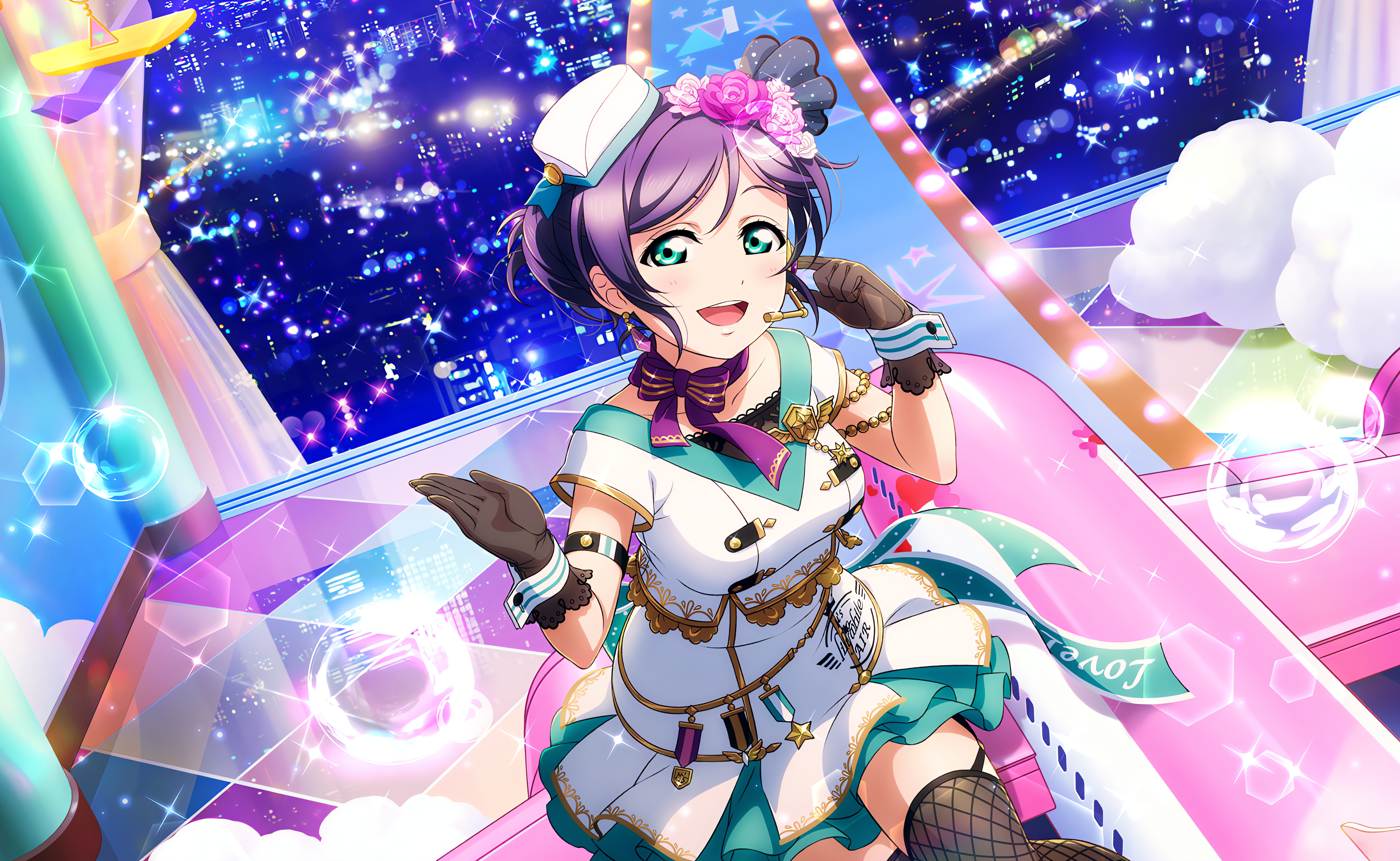 Anime 4096x2520 Toujou Nozomi Love Live! anime anime girls city city lights gloves open mouth flower in hair dress checkered stars looking at viewer sitting hat fishnet bow tie airplane aircraft choker Medals