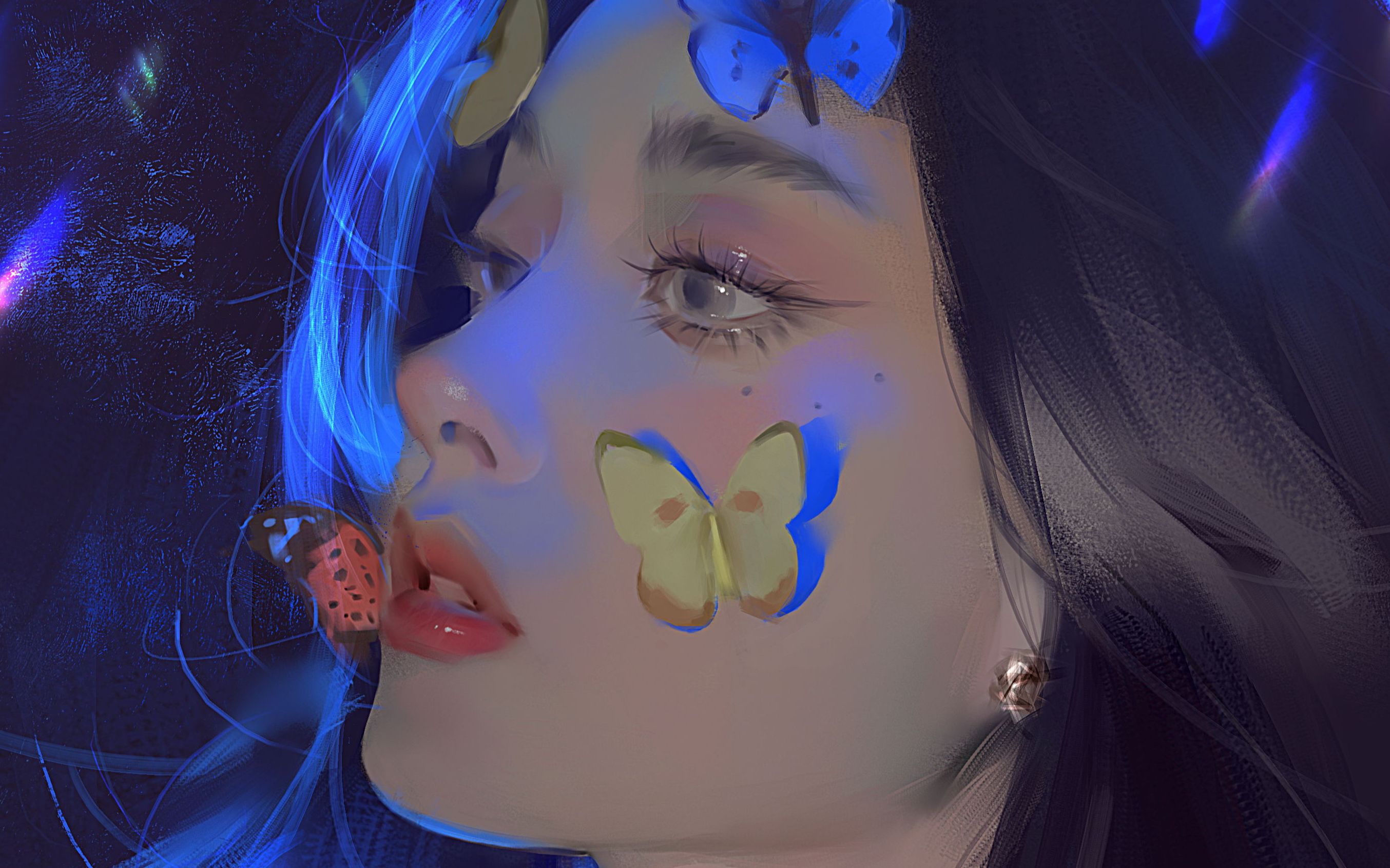 General 2708x1692 women artwork TEAMO (artist) face butterfly closeup looking away long hair insect digital art people