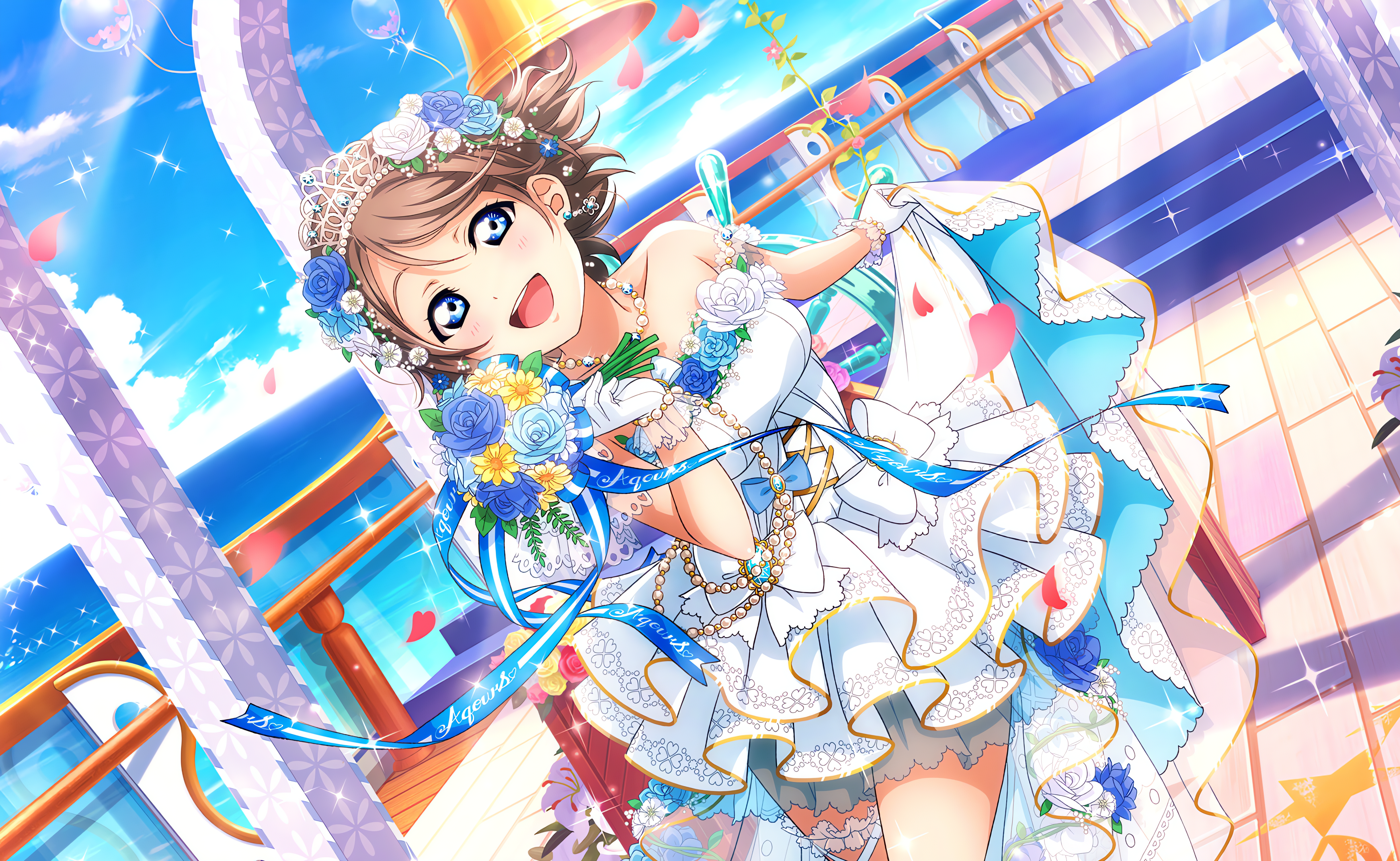 Anime 4096x2520 Watanabe You Love Live! Love Live! Sunshine anime anime girls clouds sky water stars looking at viewer flowers open mouth dress gloves tiaras pearl necklace petals