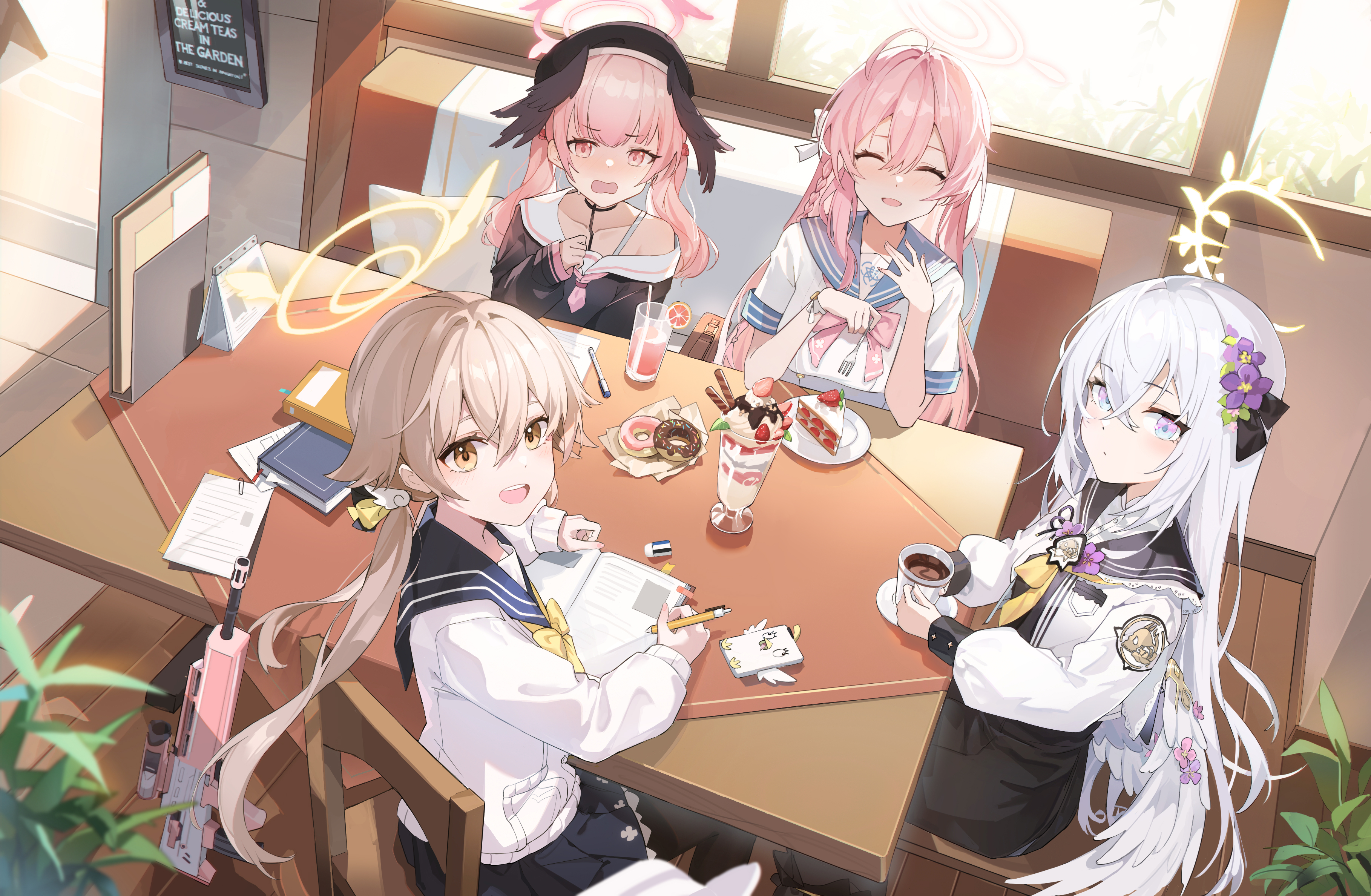 Anime 3636x2376 anime Pixiv anime girls sitting schoolgirl school uniform leaves table gun girls with guns long hair looking at viewer cake donut drink sweets cup flower in hair bow tie twintails interior window braids wings high angle Blue Archive