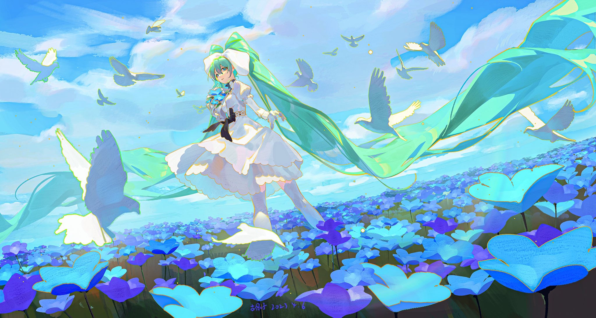 Anime 2048x1092 Vocaloid Hatsune Miku anime girls blue flowers flowers looking at viewer looking back animals green hair birds sky turquoise eyes white dress turquoise hair Japanese long hair White ribbon hair ribbon ribbon clouds black ribbons guguzi dress field standing