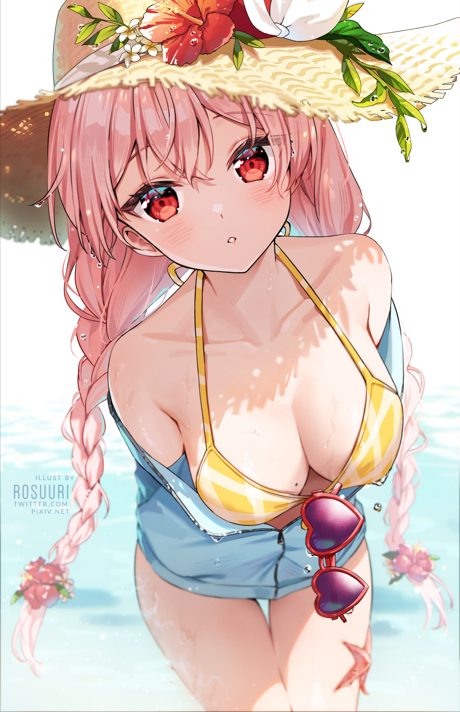 Anime 900x1394 anime anime girls portrait display cleavage moles mole on breast straw hat twintails braids looking at viewer standing sunglasses long hair wet wet body big boobs flower in hair bikini top signature blushing starfish