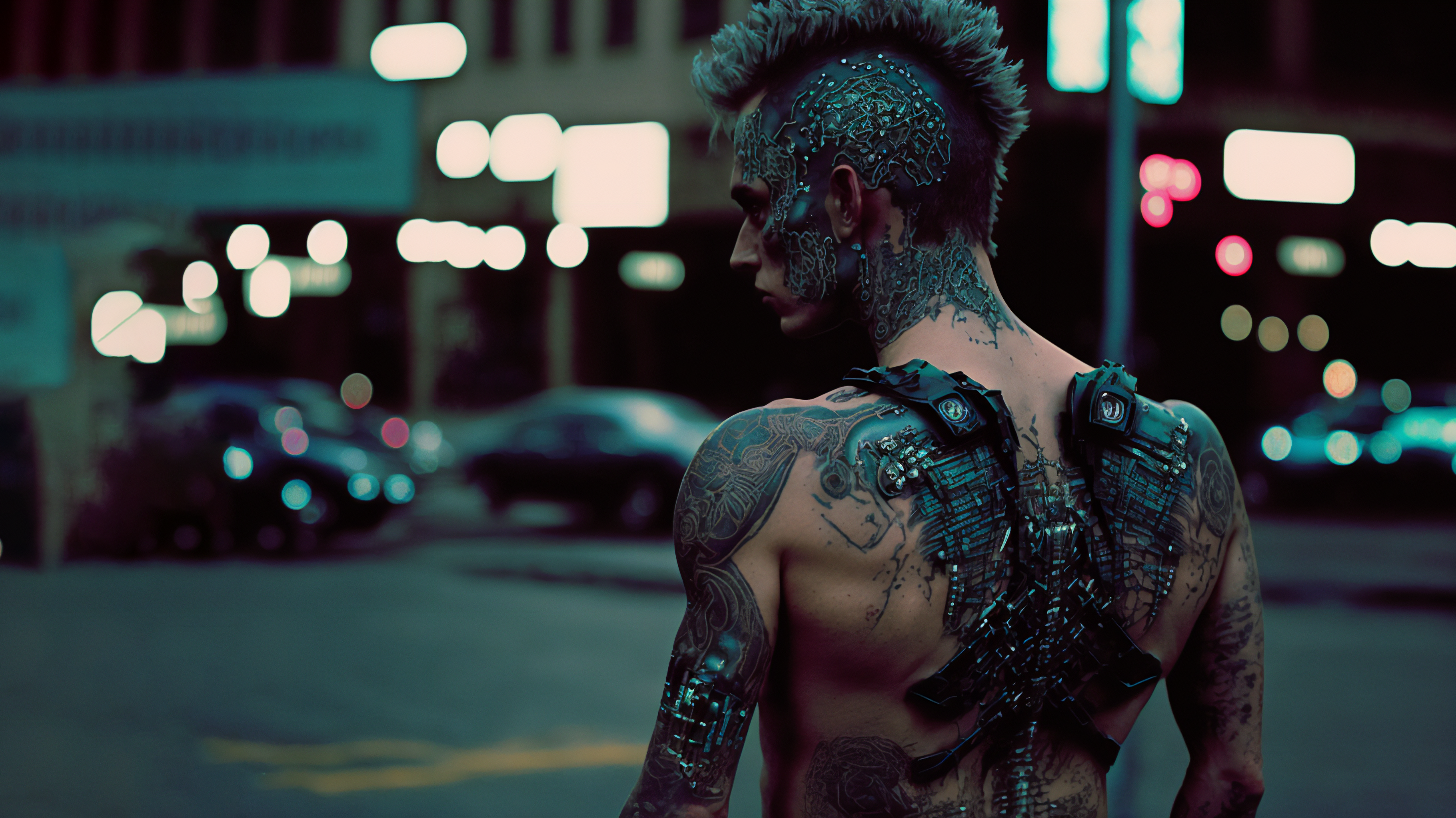 General 3641x2048 cyberpunk street cyborg tattoo futuristic mohawk AI art