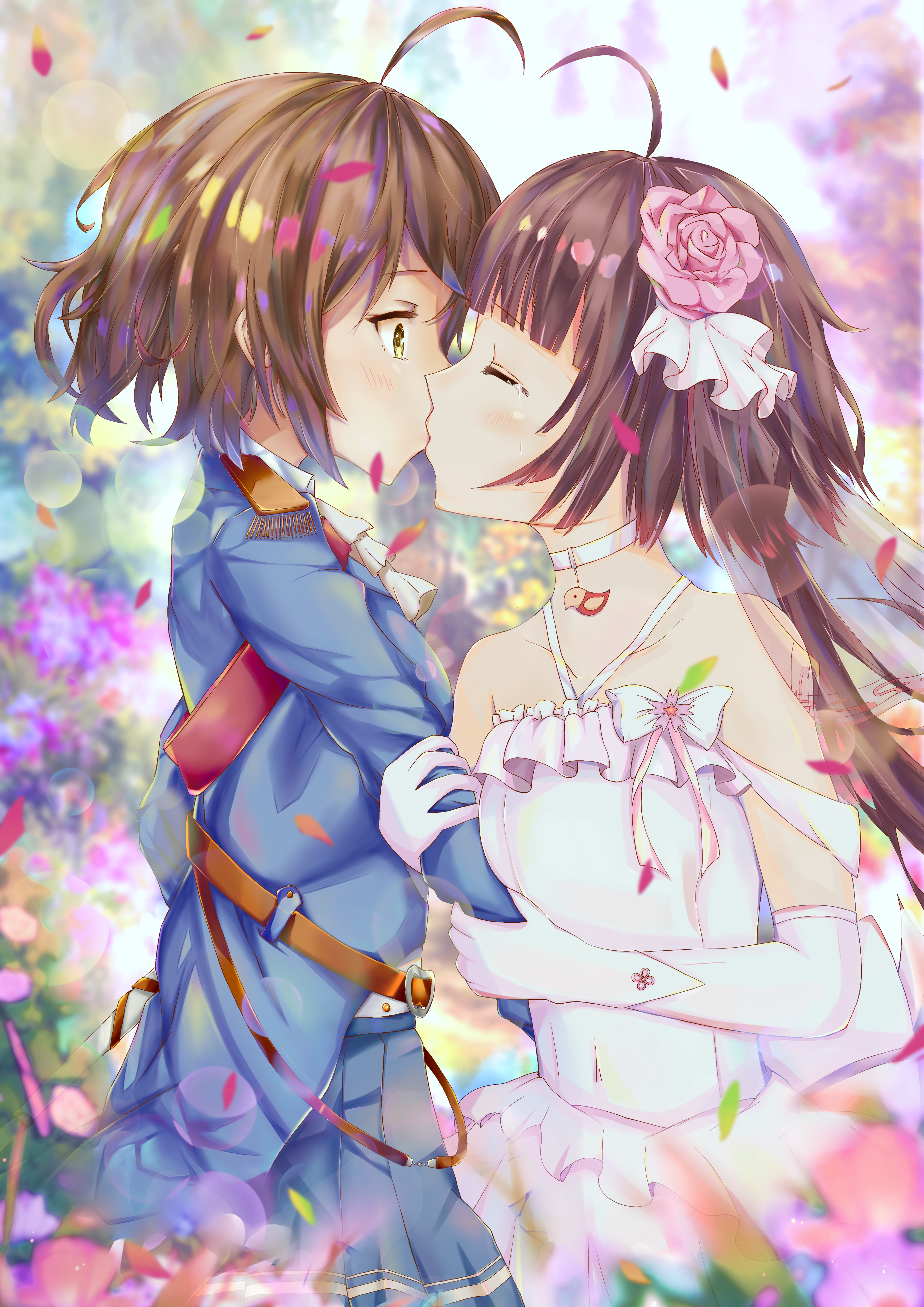 Anime 3472x4911 lingyuan anime hanser anime girls yuri lesbians closed eyes kissing portrait display flower in hair petals flowers elbow gloves choker tears crying