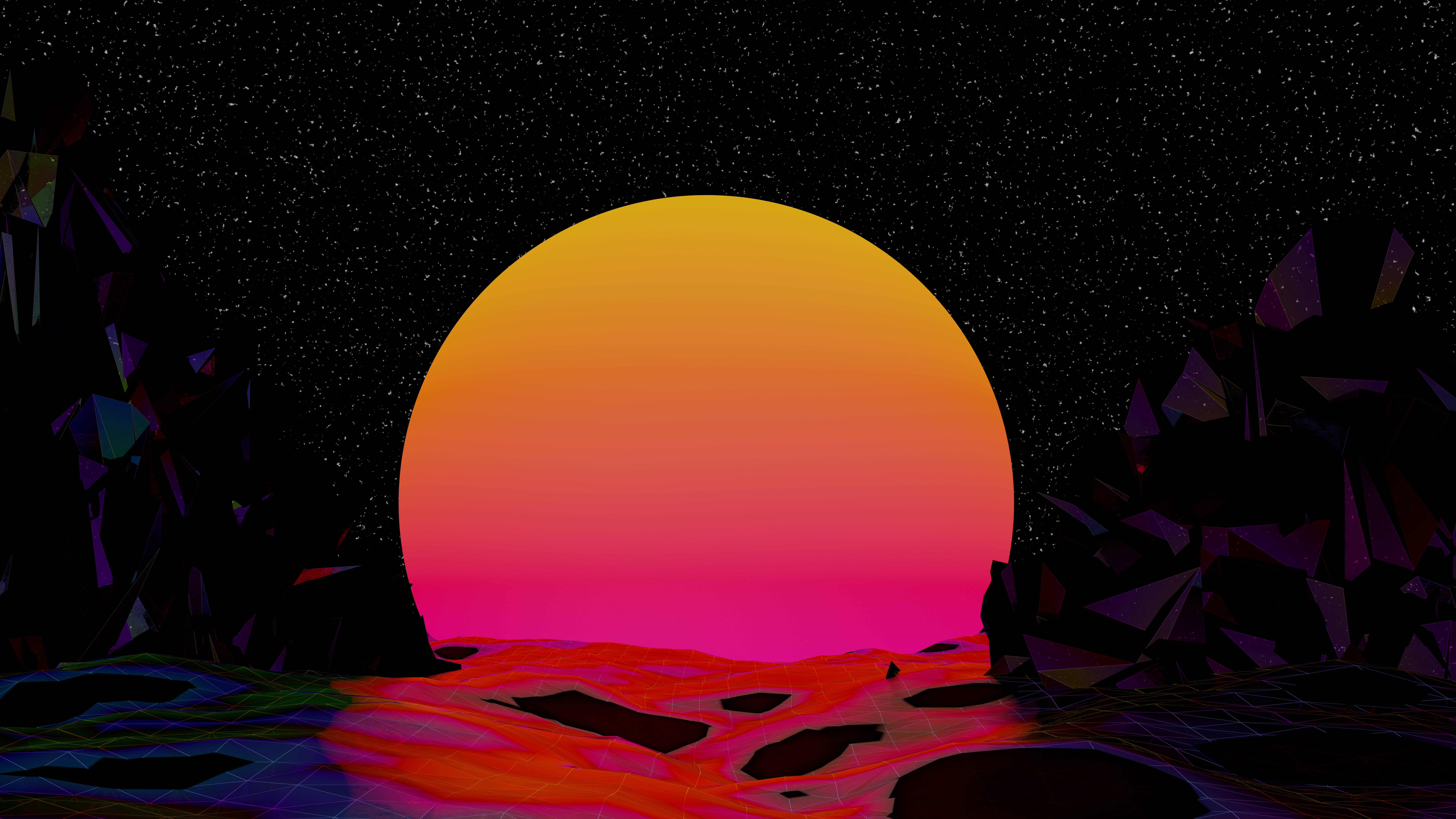 General 7680x4320 vaporwave sunset space synthwave grid yellow orange stars vivid colors abstract 3D Abstract Blender CGI digital art mountains night retrowave reflection sea retro style retro theme OutRun 4K artwork sky cyber geometry Synth julfikar