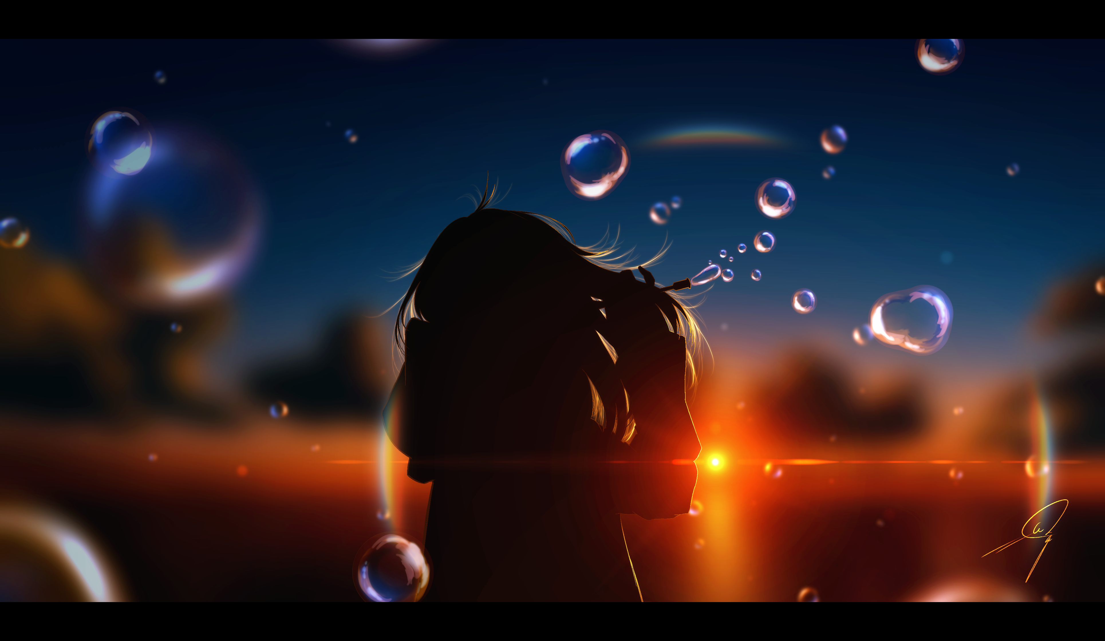 Anime 3860x2240 anime girls sky sunset sunset glow anime bubbles backlighting Nengoro long hair