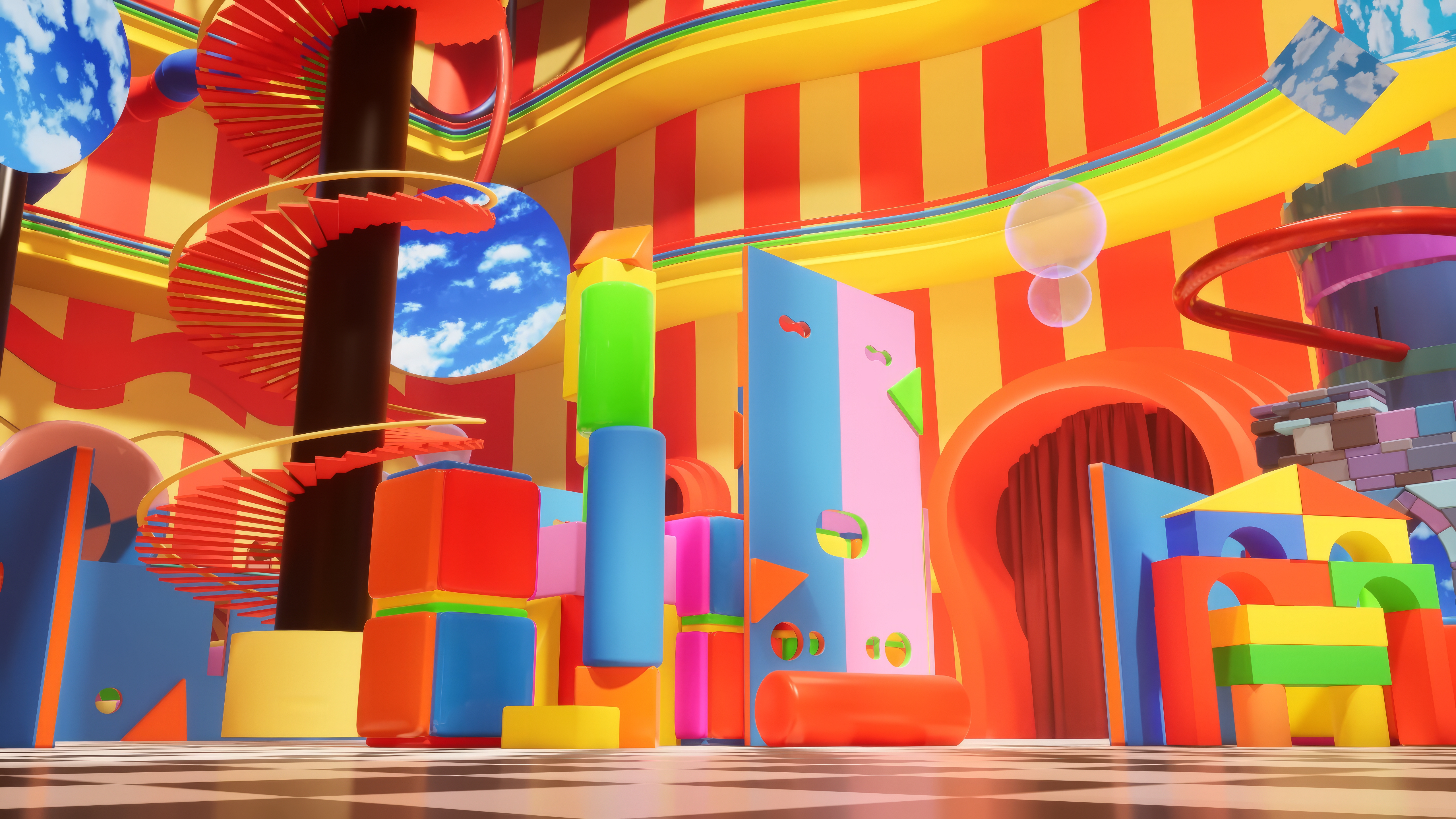General 5120x2880 The Amazing Digital Circus colorful geometry bright stairs striped indoors