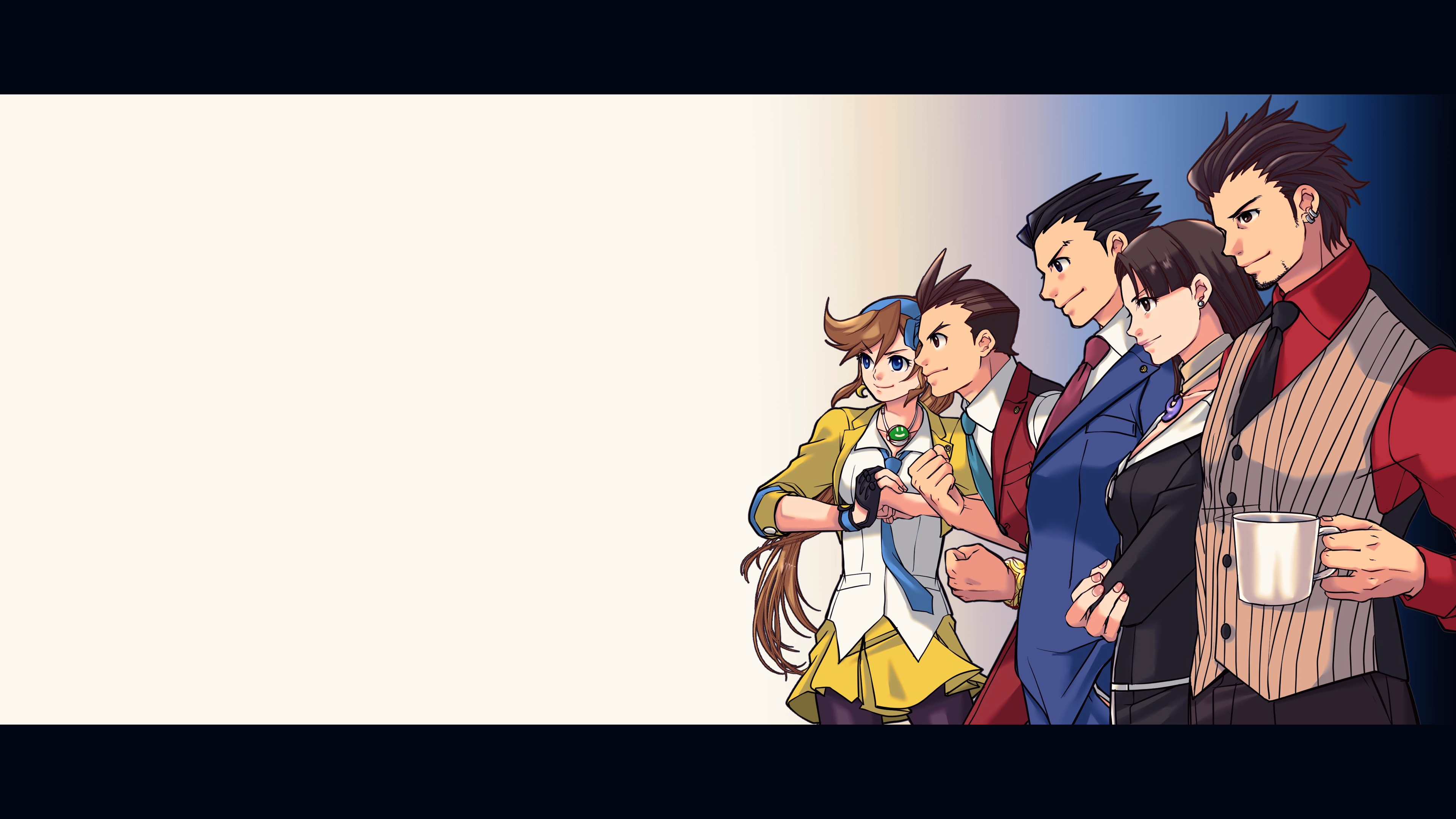 Anime 3840x2160 video games ace attorney phoenix wright Mia Fey Apollo Justice Athena Cykes Godot Diego Armando Spiky Hair Capcom suits rolled sleeves vest tie red tie blue tie red shirt white shirt yellow shirt yellow jacket scarf necklace video game girls collared shirt coffee mug cup coffee cup long hair bangs brunette redhead black hair earring