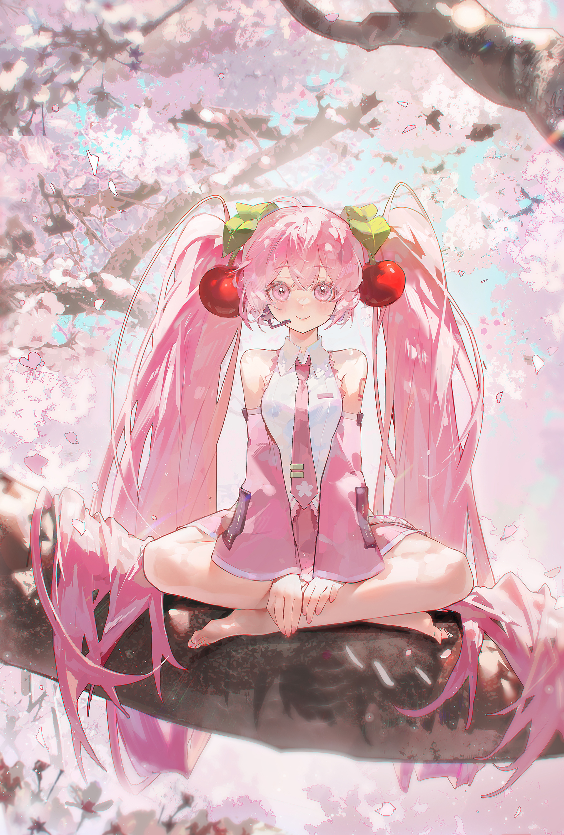 Anime 1800x2665 Vocaloid looking at viewer portrait display long hair Hatsune Miku frontal view feet crossed closed mouth detached sleeves sitting hair ornament Yeej Chan cherry blossom twintails women outdoors smiling dappled sunlight branch Sakura Miku pink hair pink eyes barefoot sleeveless trees