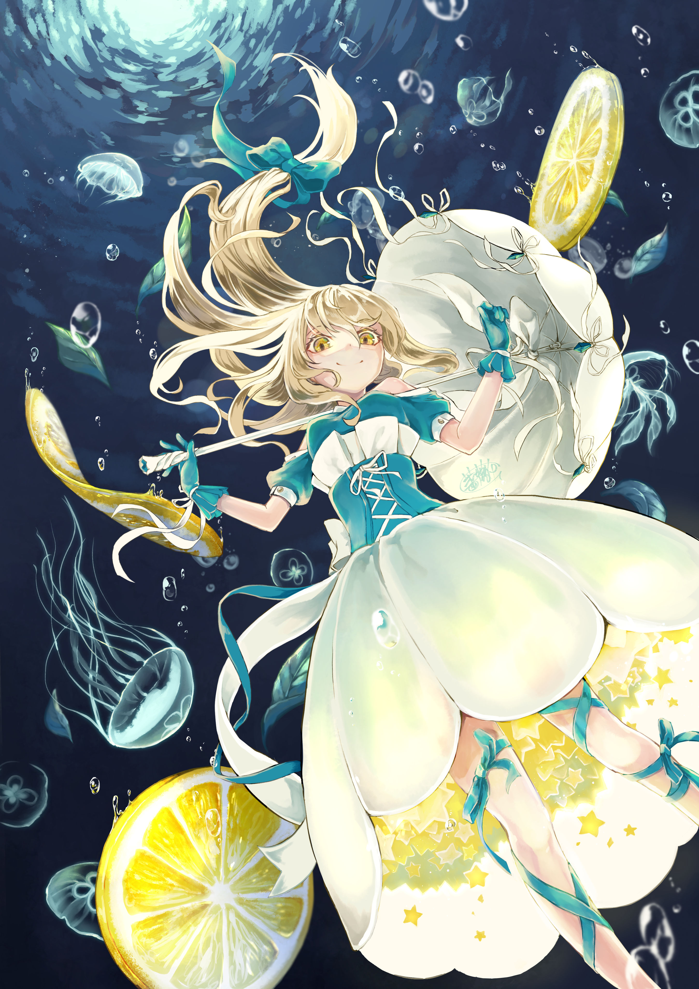 Anime 2894x4093 Canned Rose underwater portrait display long hair jellyfish fruit water looking at viewer lemons yellow eyes blue gloves umbrella hair ribbon bubbles blue ribbons corset bare shoulders smiling short sleeves low-angle anime girls stars leaves dress