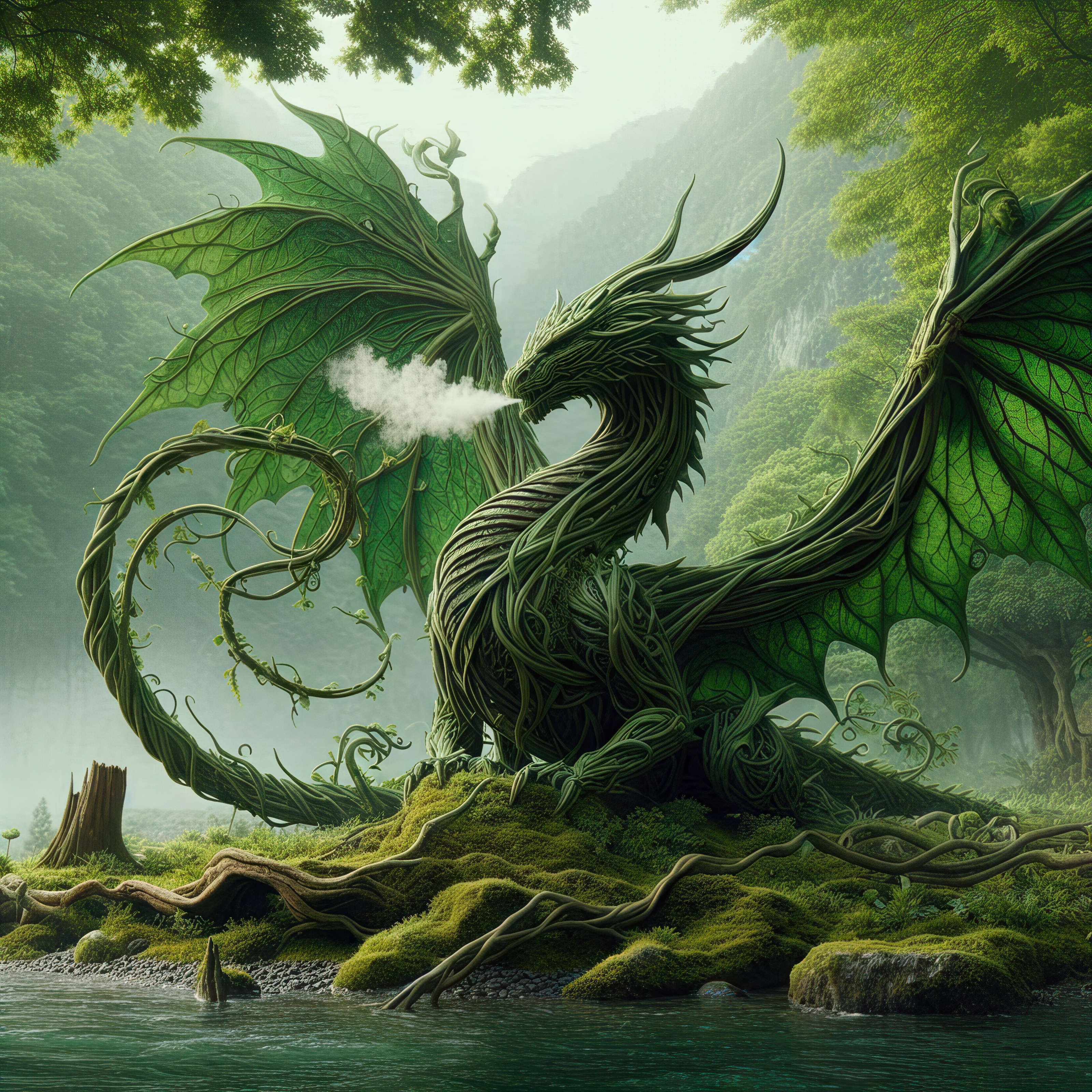 General 3200x3200 AI art fantasy art dragon green leaves vines forest mist
