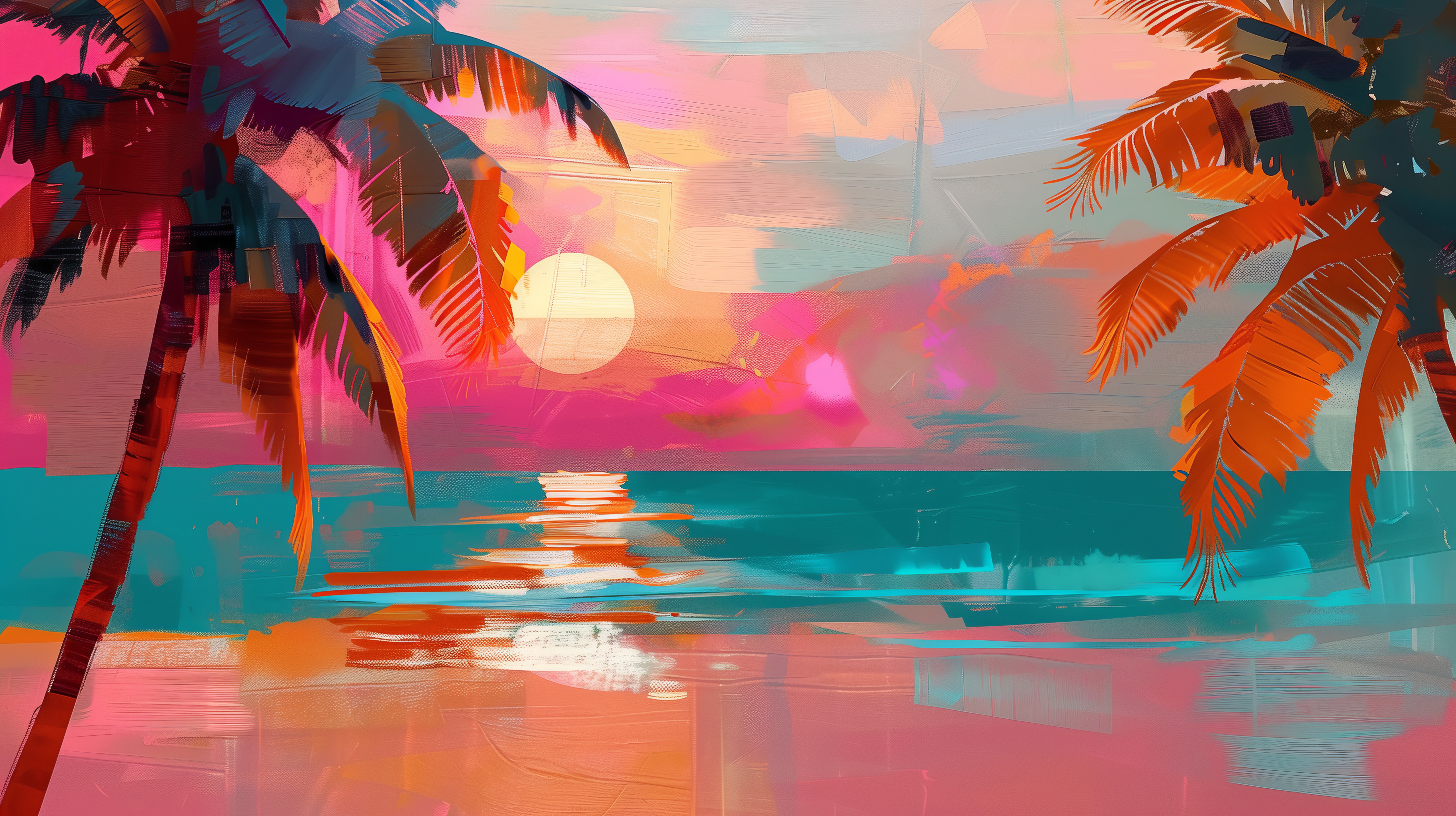 General 5824x3264 AI art illustration sunset beach palm trees painting colorful