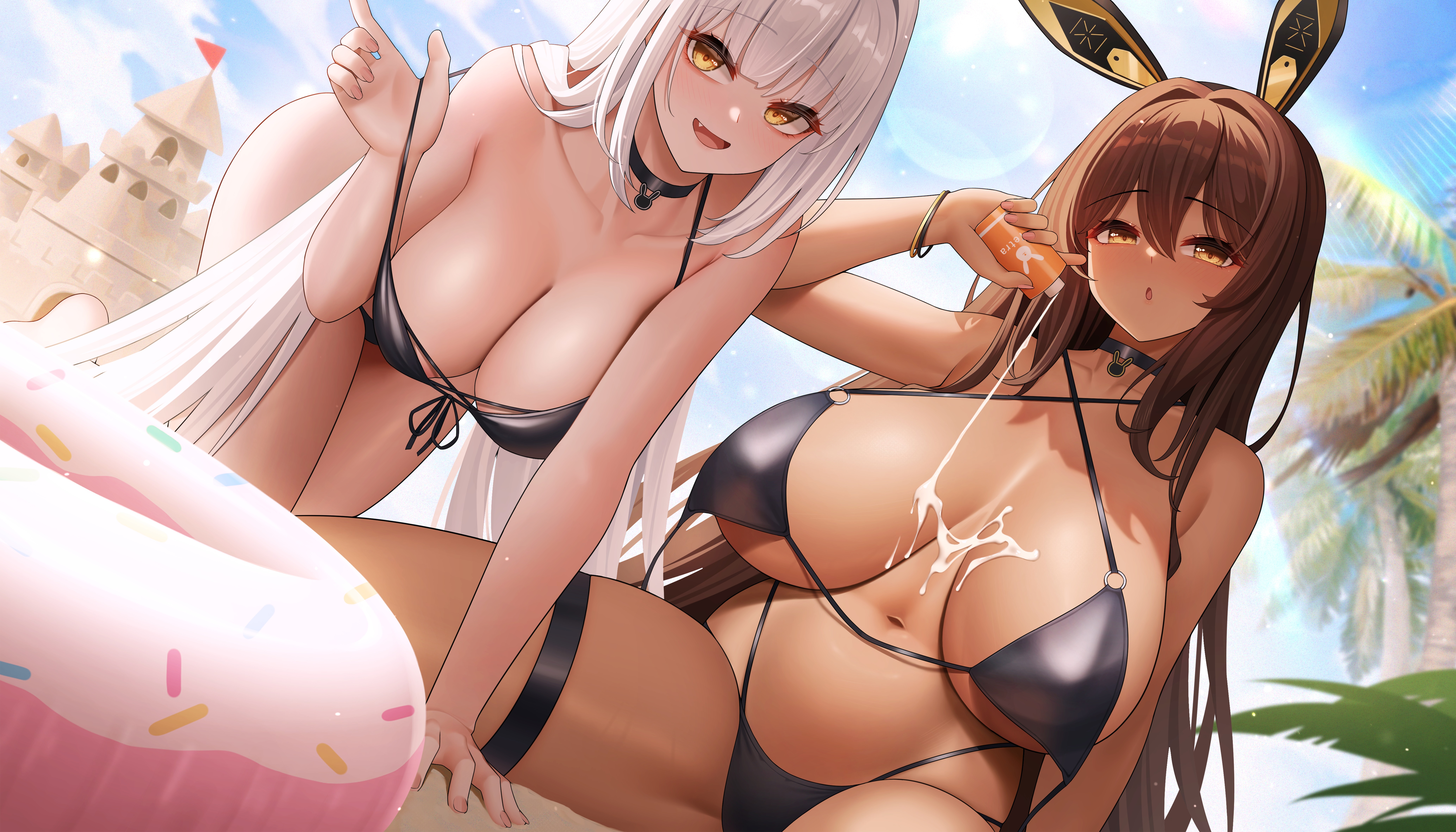 Anime 8268x4724 anime anime girls Pixiv bikini Nikke: The Goddess of Victory Blanche (Nikke) Noir (Nikke) spread legs bent over thigh band thigh strap leg ring huge breasts big boobs hanging boobs long hair straight hair sunscreen skin lotion lotion collar belly button strap falling off shoulder