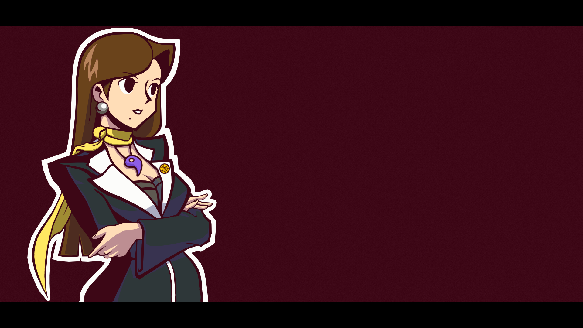 Anime 1920x1080 ace attorney Mia Fey video games video game girls red background purple background scarf jacket crossover arms crossed Capcom earring pearl earrings brunette necklace badge cleavage Ghost Trick: Phantom Detective long hair dress simple background
