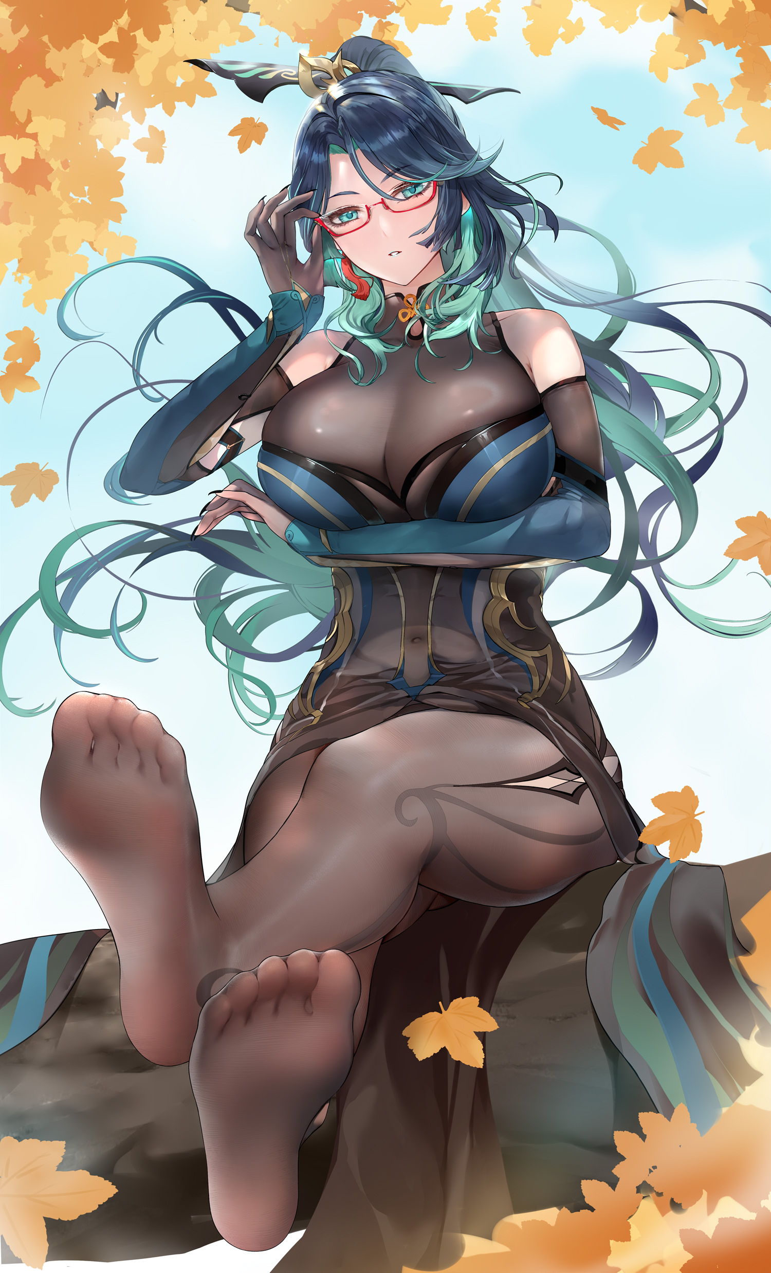 Anime 1500x2476 Genshin Impact glasses portrait display long hair Xianyun (Genshin Impact) looking at viewer sitting bodystocking aqua eyes feet crossed red glasses holding boobs ponytail huge breasts parted lips two tone hair pantyhose hairpins women outdoors au11 leaves gloves maple leaves green hair sky clouds feet