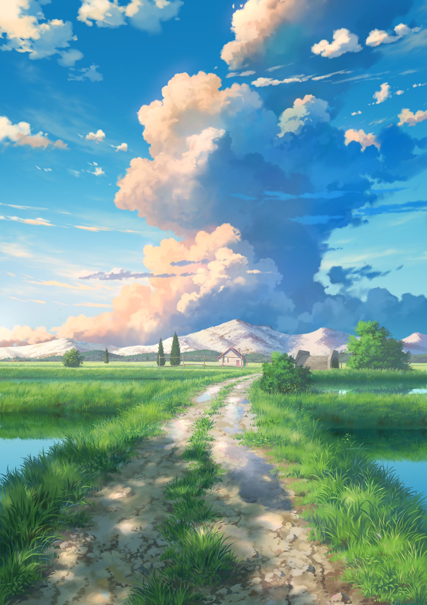 Anime 1448x2048 portrait display outdoors clouds sky grass path water trees house pond hills landscape pei (sumurai) scenery road field